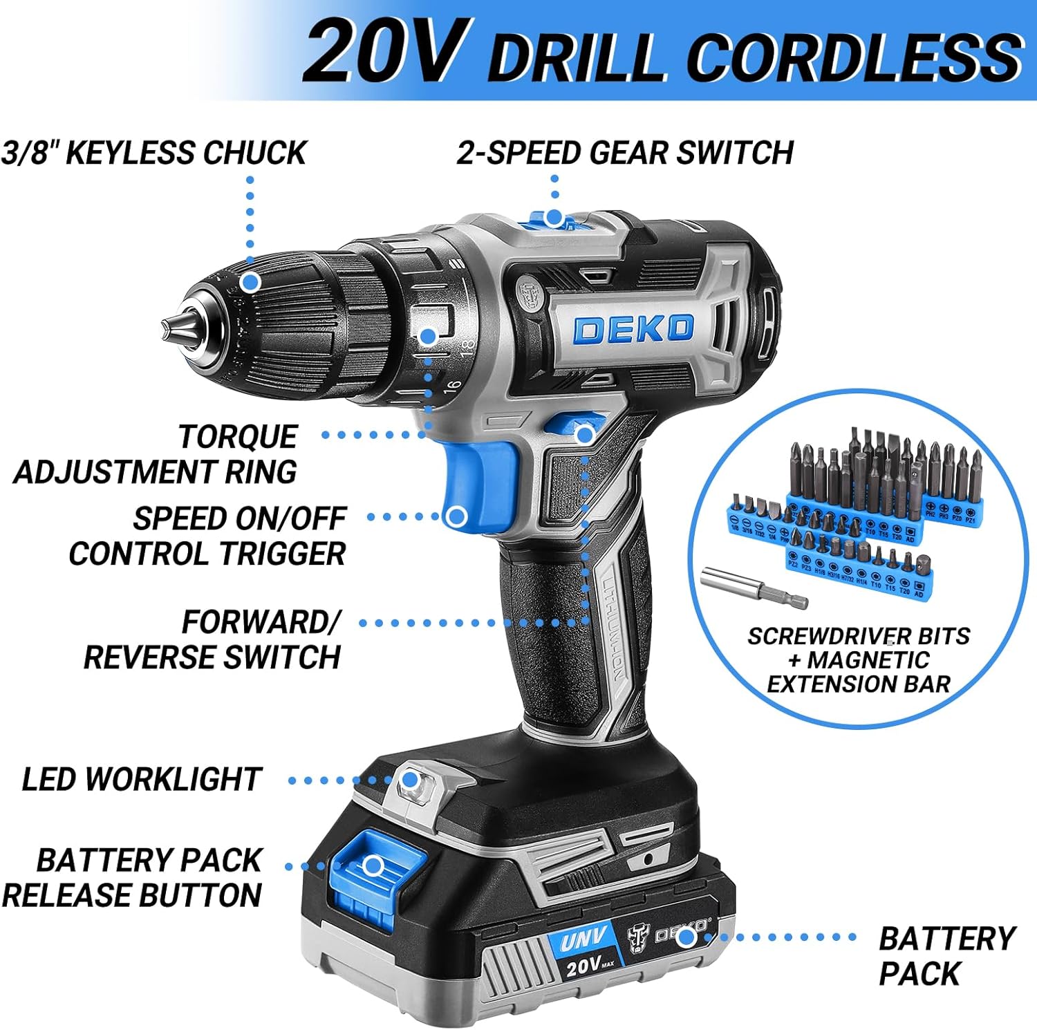 Deko Cassetta Attrezzi Completa con Trapano Avvitatore 20V - immagine 3
