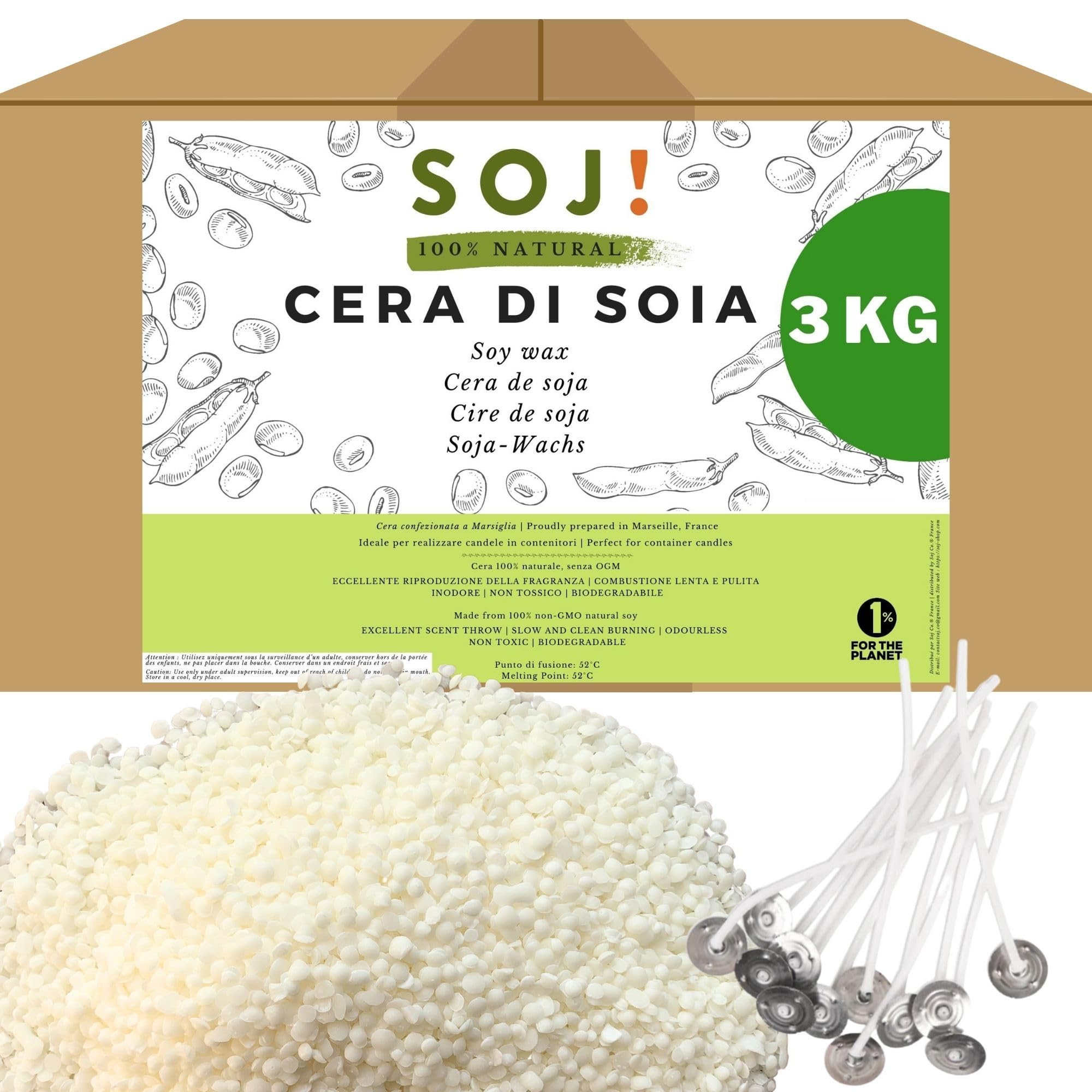 Soj - 3KG Pellet Cera di Soia Pura con 30 Stoppini