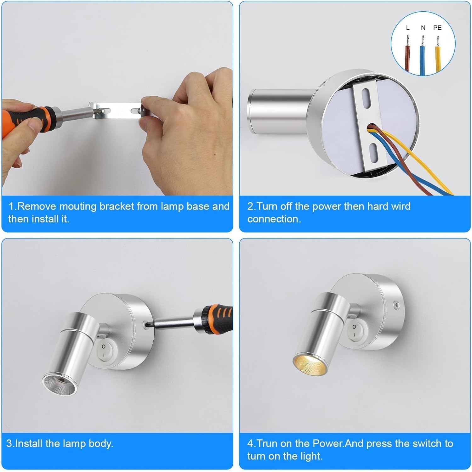 2x Lampade da Parete LED Interne 3W, Argento - immagine 7