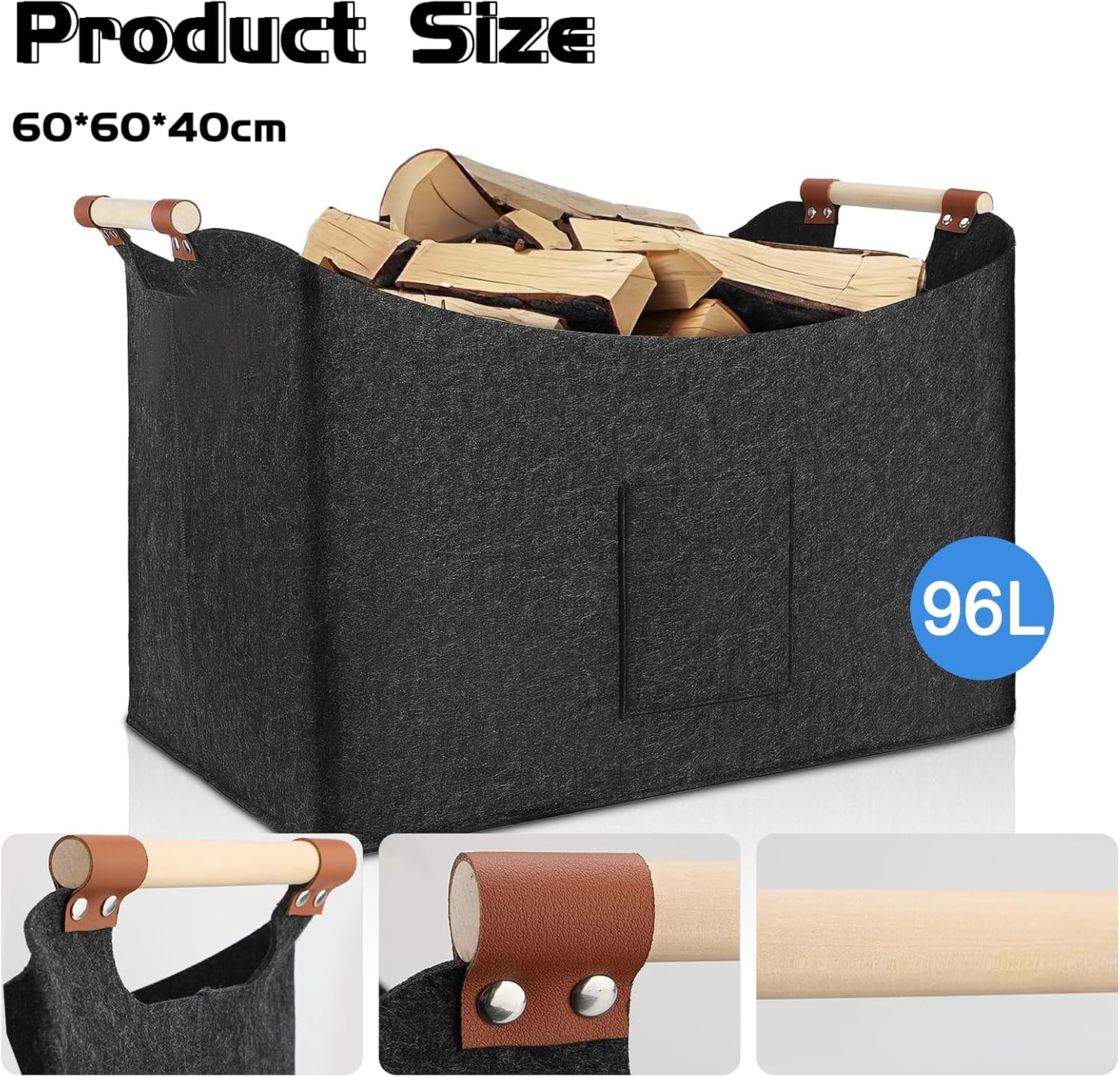 Cestino Pieghevole per Legna da Ardere 96L, Grigio Scuro - immagine 5