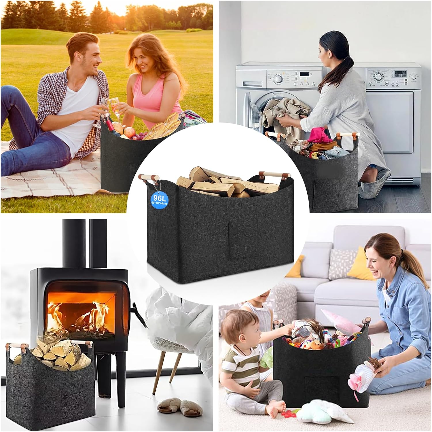 Cestino Pieghevole per Legna da Ardere 96L, Grigio Scuro - immagine 6