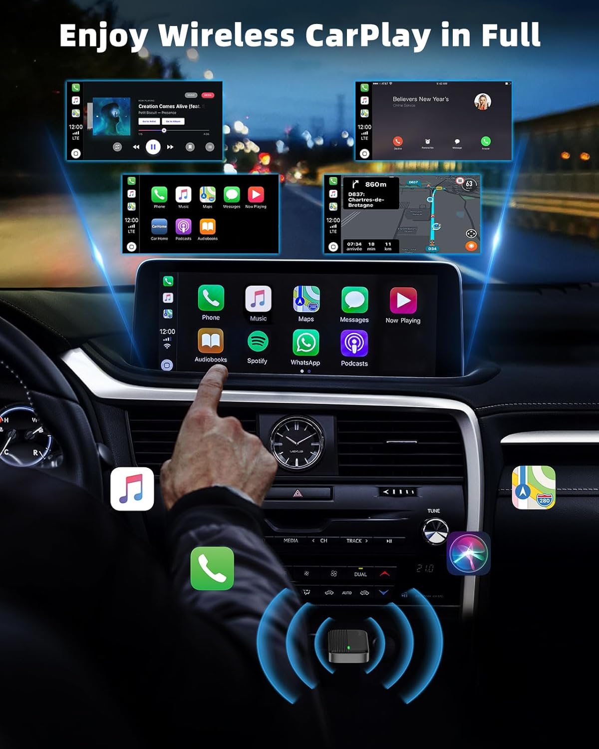 Moko Adattatore CarPlay Wireless per Apple iPhone, Nero - immagine 5