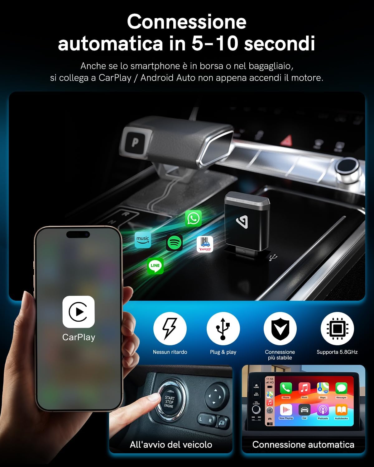 Adattatore Wireless 2 in 1 per Android Auto e CarPlay - immagine 3