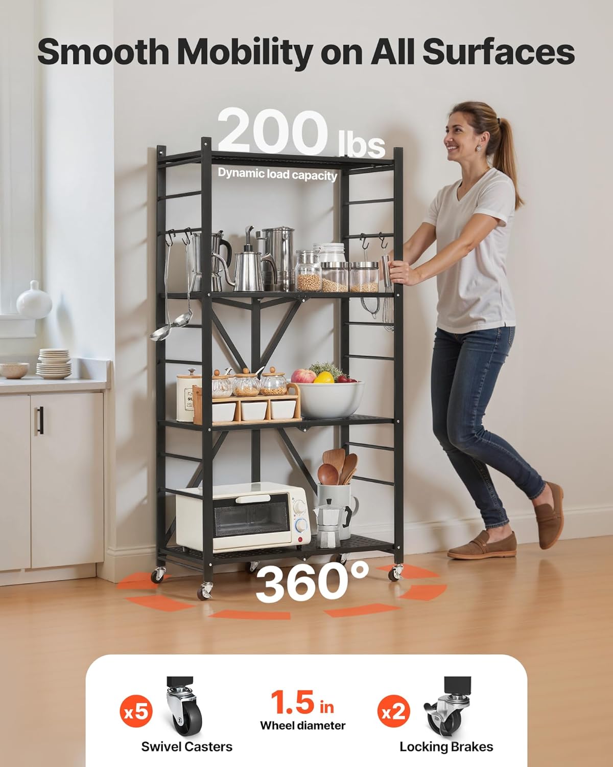 Vevor Scaffale Portaoggetti Pieghevole 4 Ripiani con Ruote, Nero - immagine 4