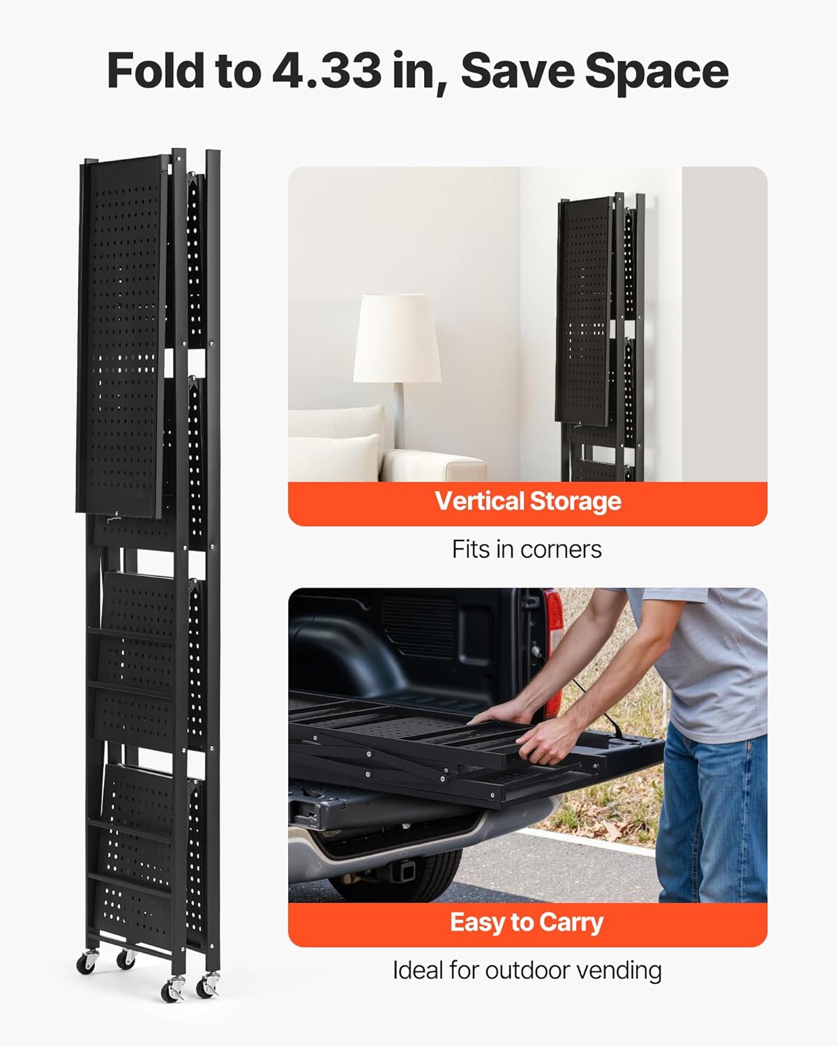 Vevor Scaffale Portaoggetti Pieghevole 4 Ripiani con Ruote, Nero - immagine 6