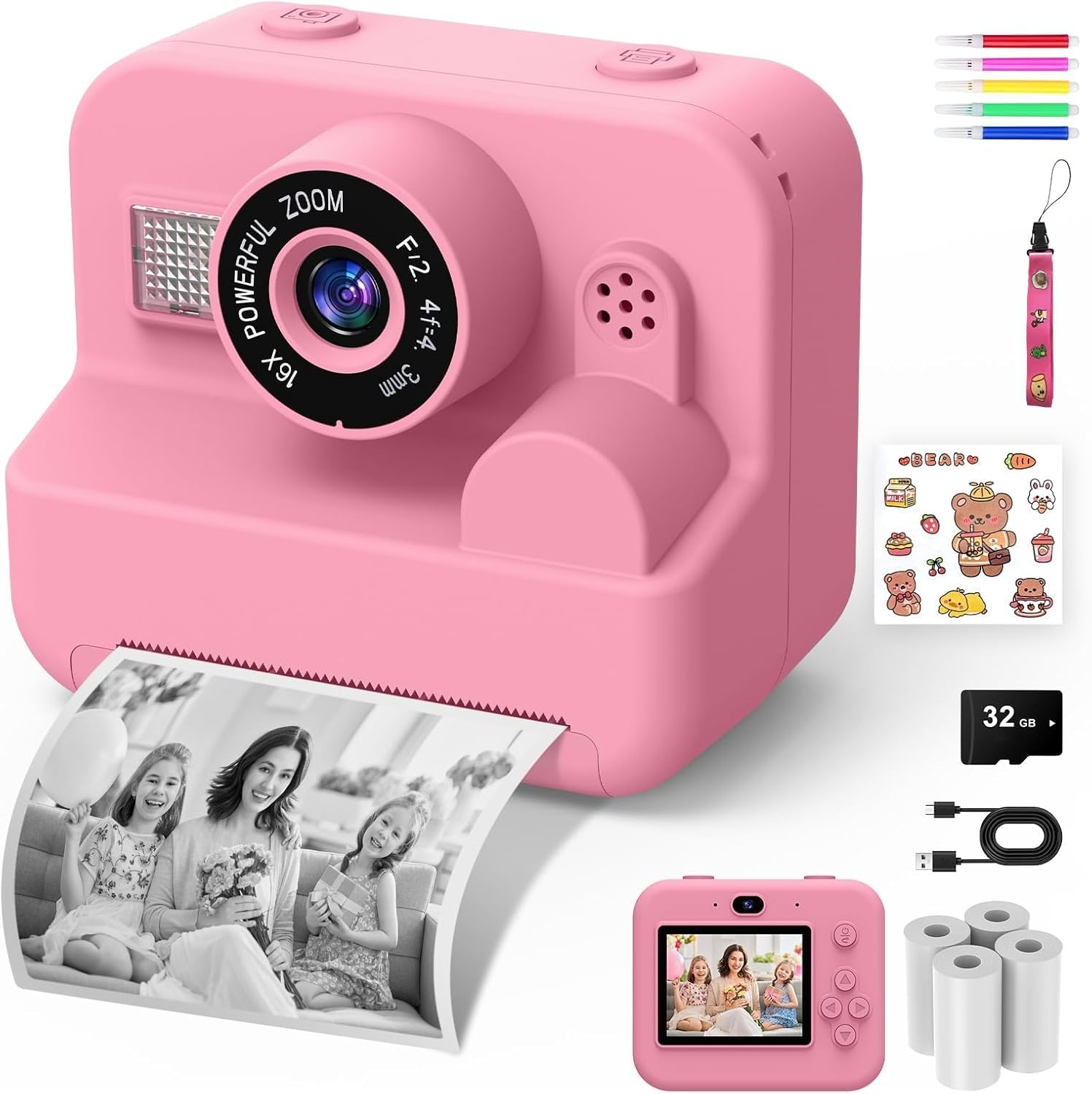 Macchina Fotografica Istantanea per Bambini 1080P, Rosa
