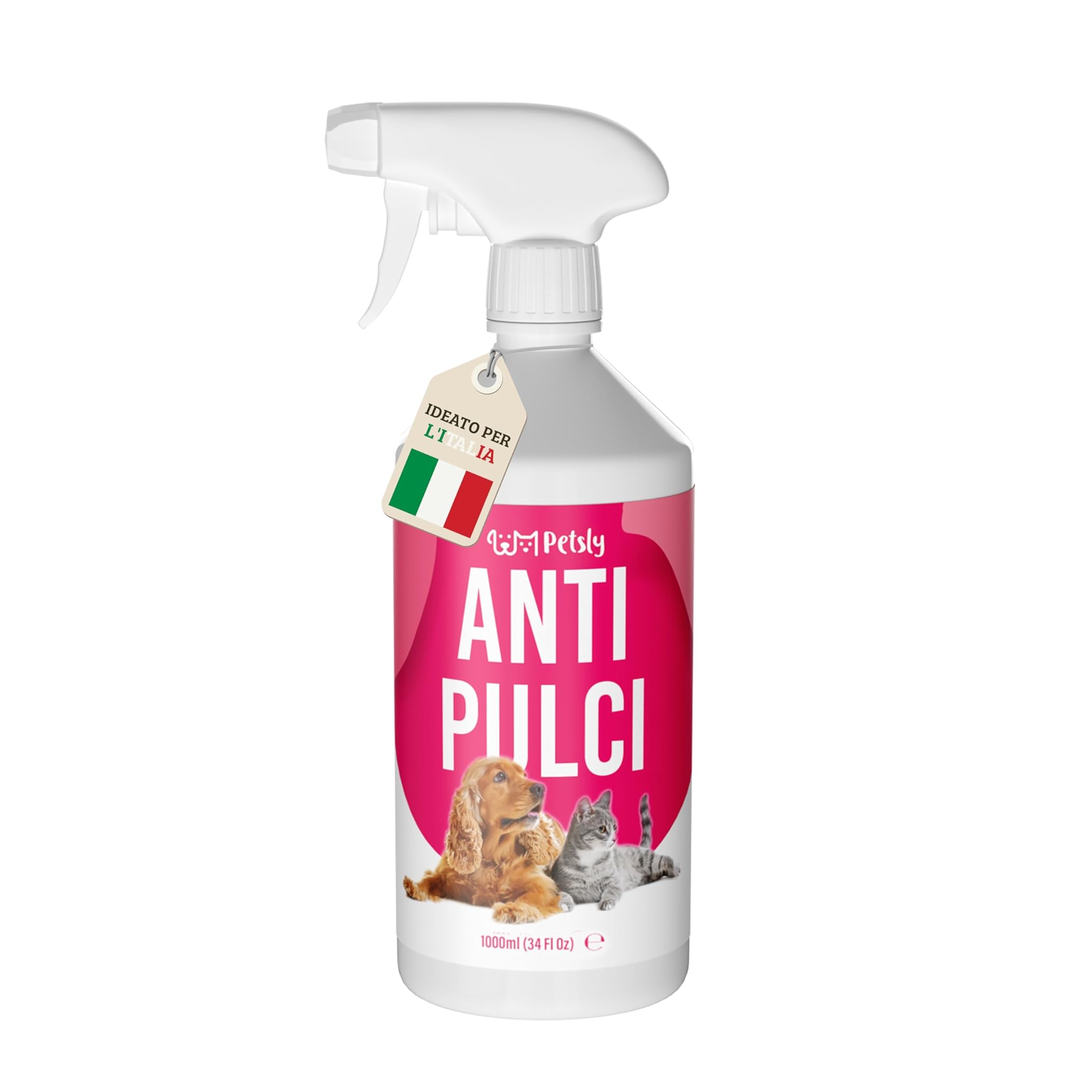 Spray Antipulci Gatto e Cane - 1L - Non Macchia - Anti pulci per Ambienti, Antizecche e Antiacaro per Casa, Auto, Mobili e Tessuti - Efficace Spray Antipulci per Cani ad Azione Rapida