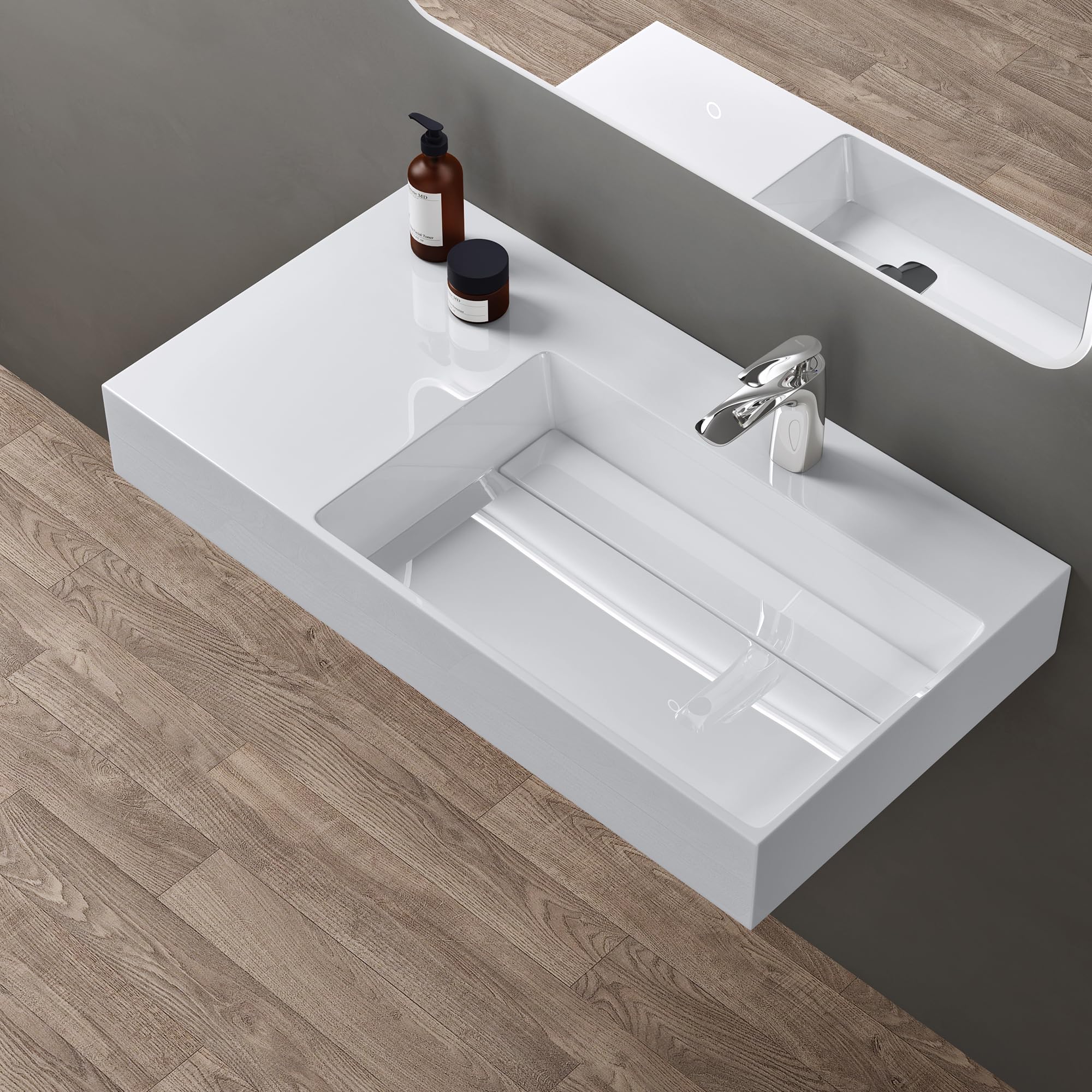 Doporro Lavabo Bagno Sospeso Marmo Resina Bianco Lucido