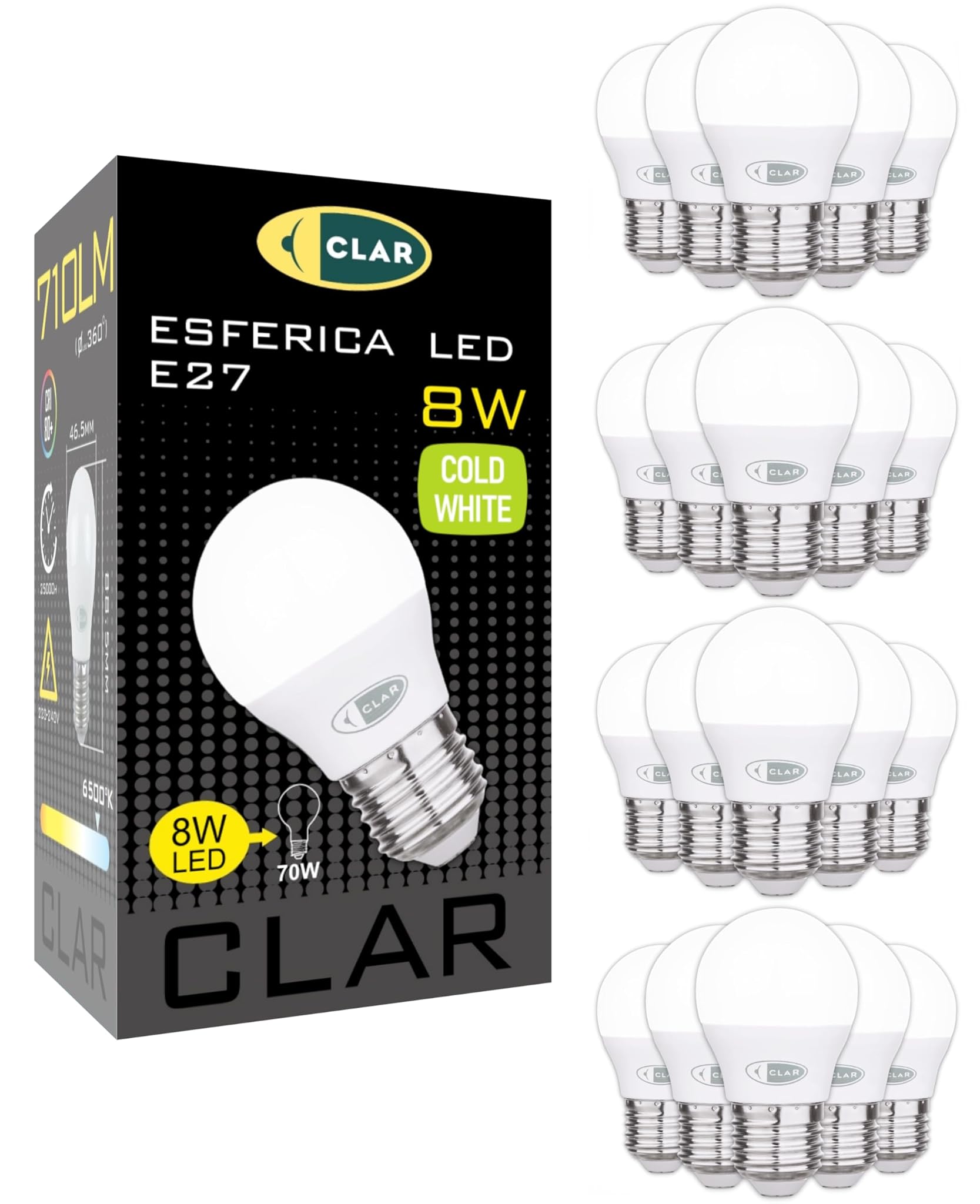 Clar - Lampadine LED E27 Luce Fredda 8W (Pack 20)