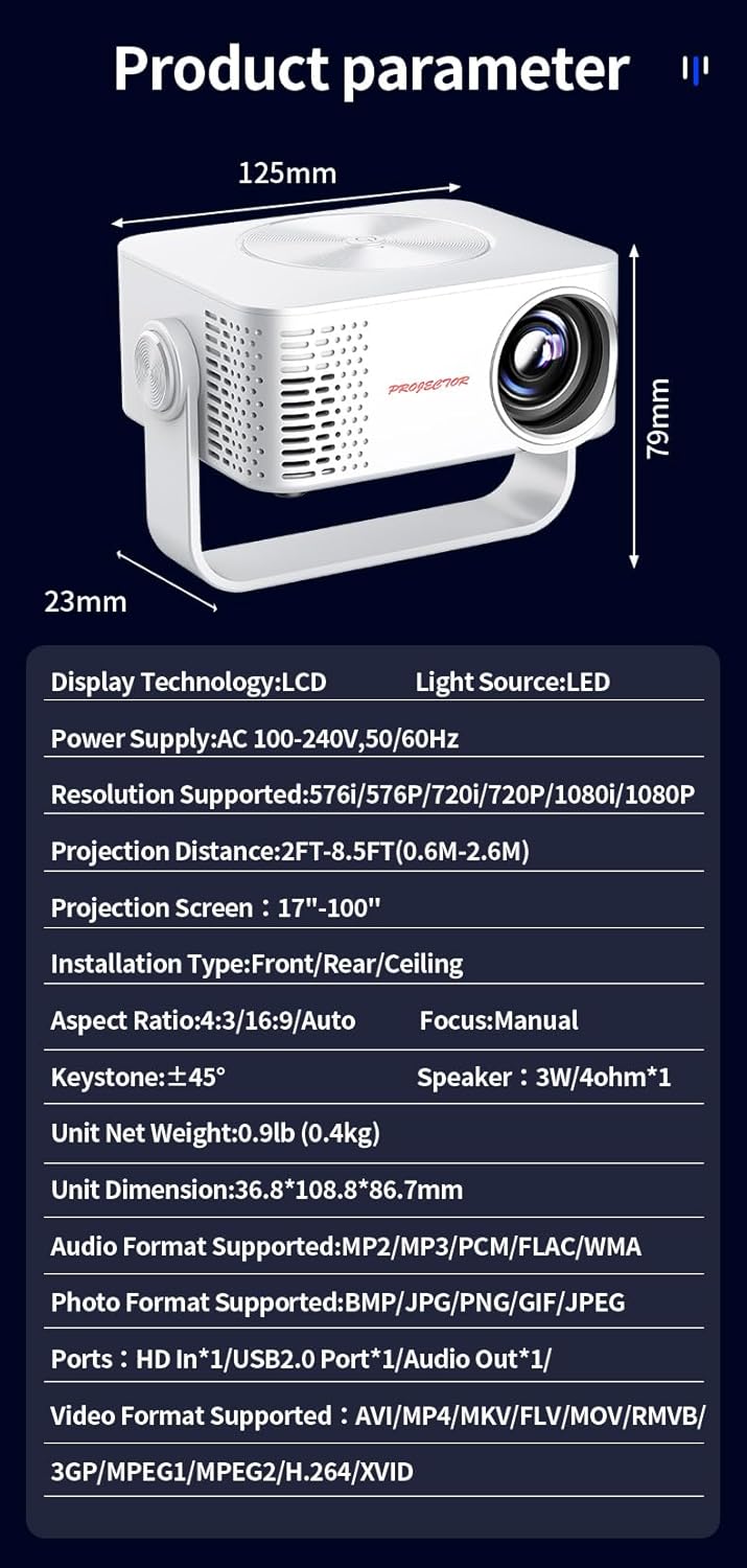 Mini Proiettore Portatile 4K 1080P con WiFi 360°, Bianco - immagine 6
