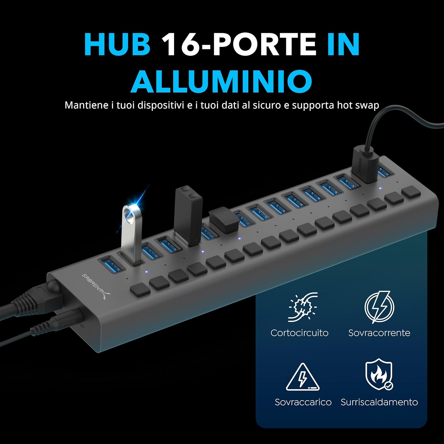 Sabrent Hub USB 3.2 Gen 1 - 16 Porte con Interruttori - immagine 2
