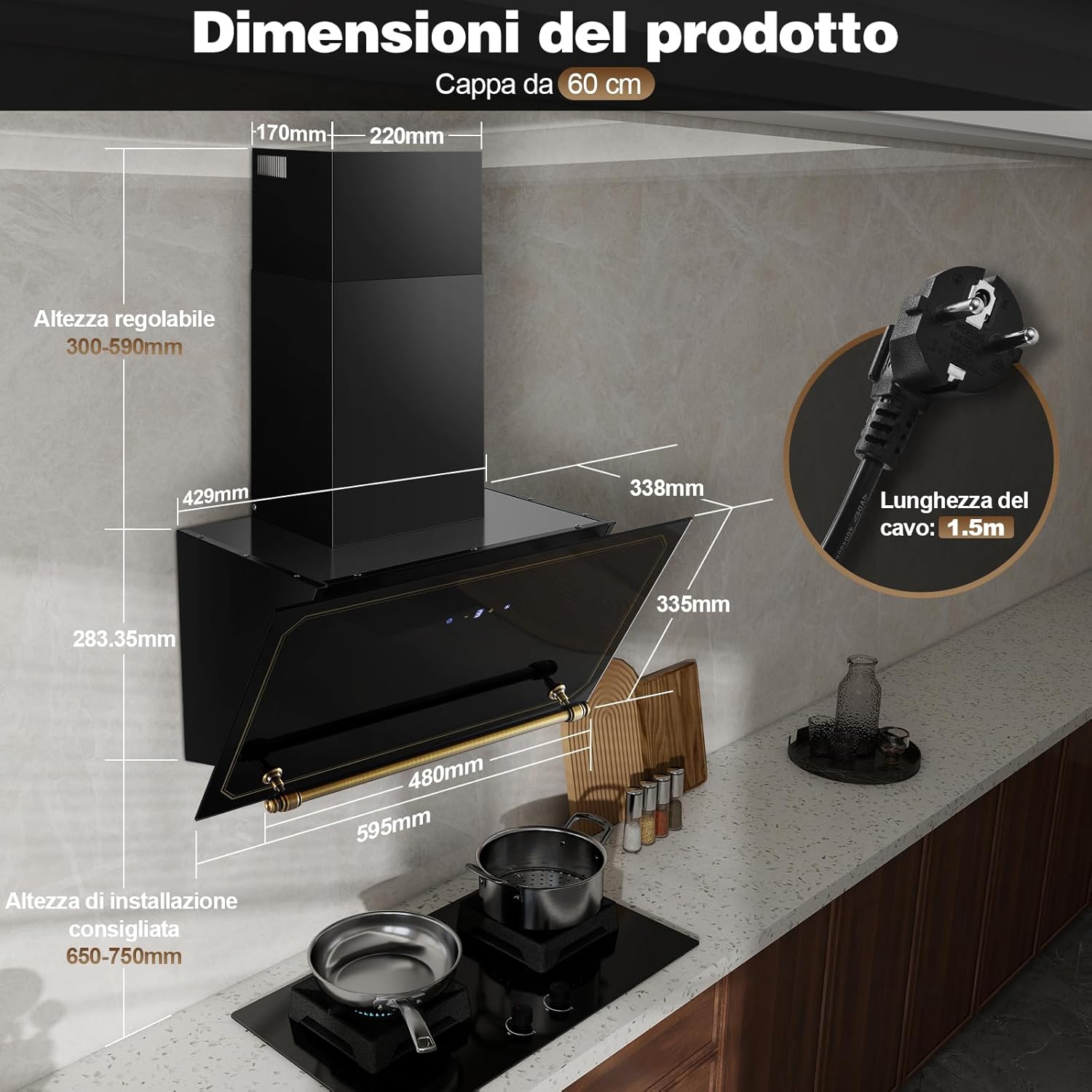 Sndoas Cappa Aspirante Inclinata 60 cm, Classe A+++ - immagine 3