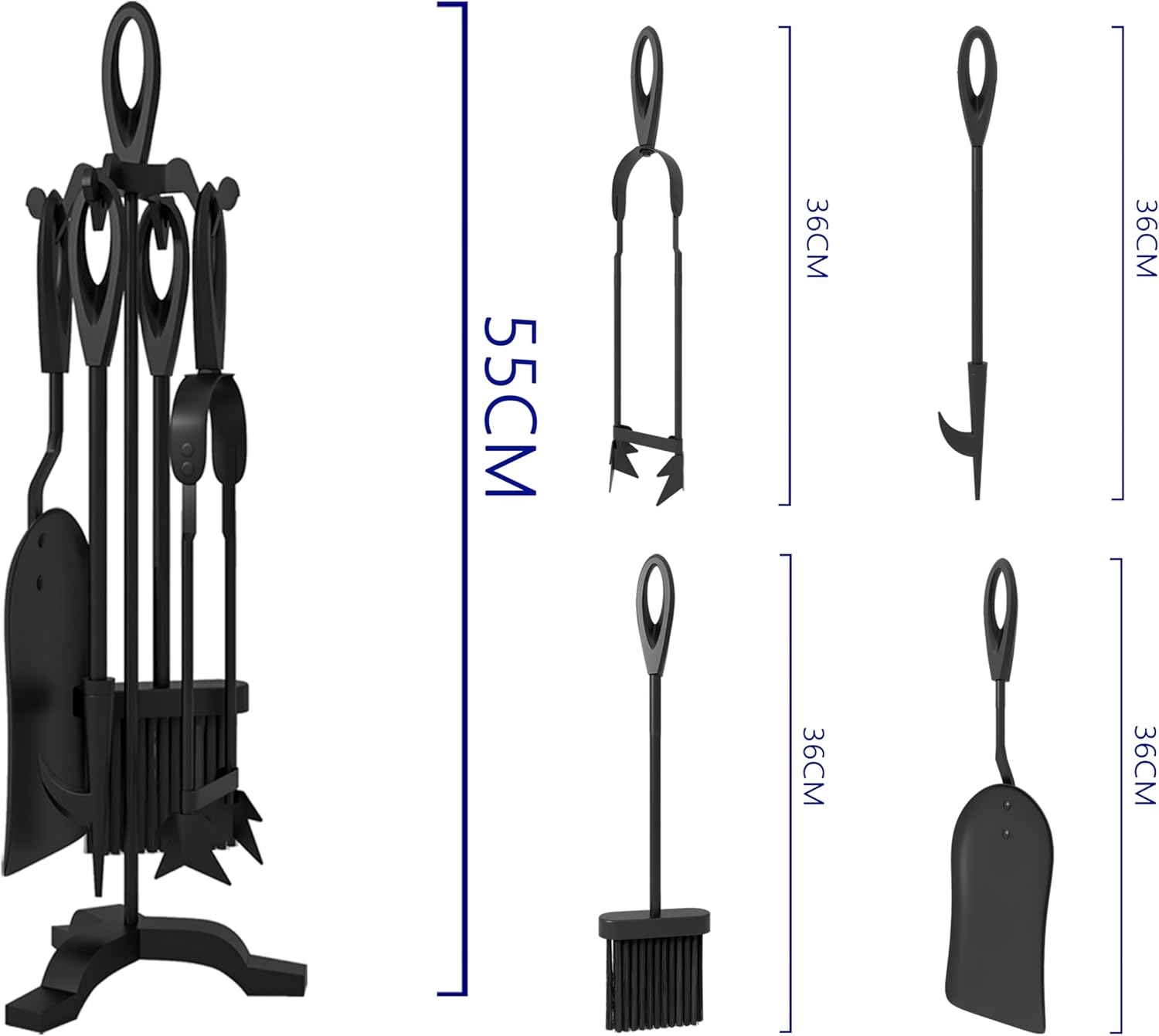 Set 4 Attrezzi per Camino 55cm, Finitura Nera - immagine 3