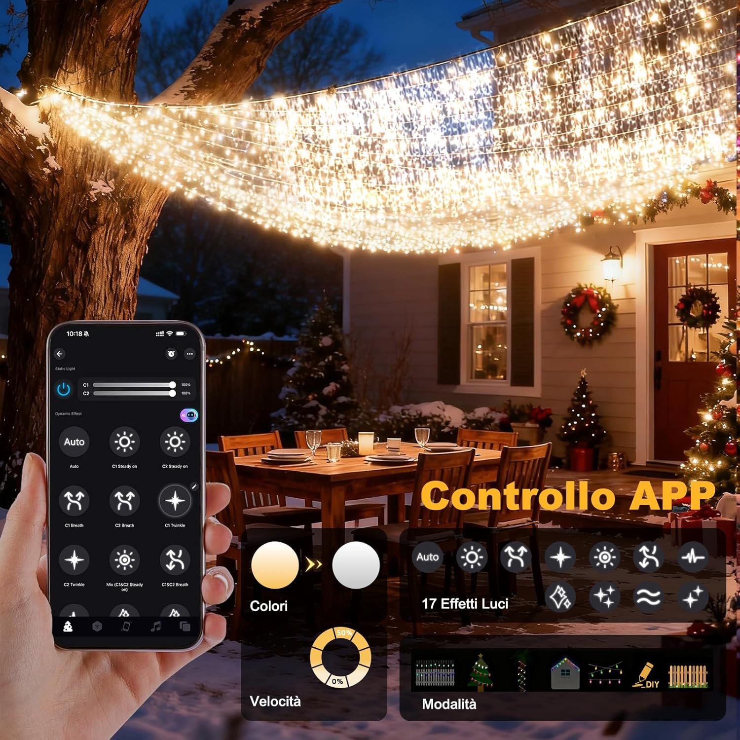 Luci Natale Esterno Cascata 15M-600L con APP e Telecomando - immagine 5