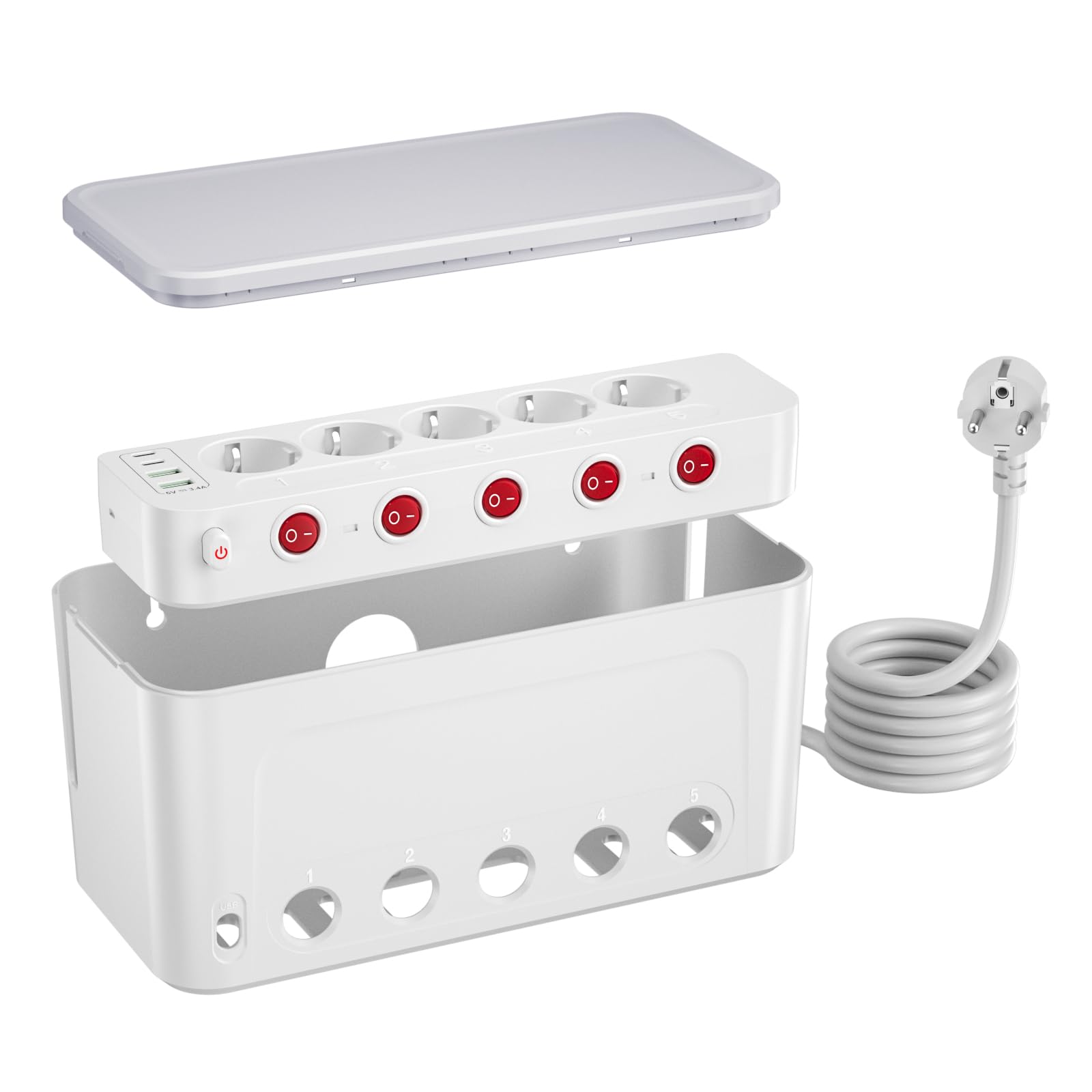 Ciabatta Multipresa USB con Scatola Porta Cavi, Bianco