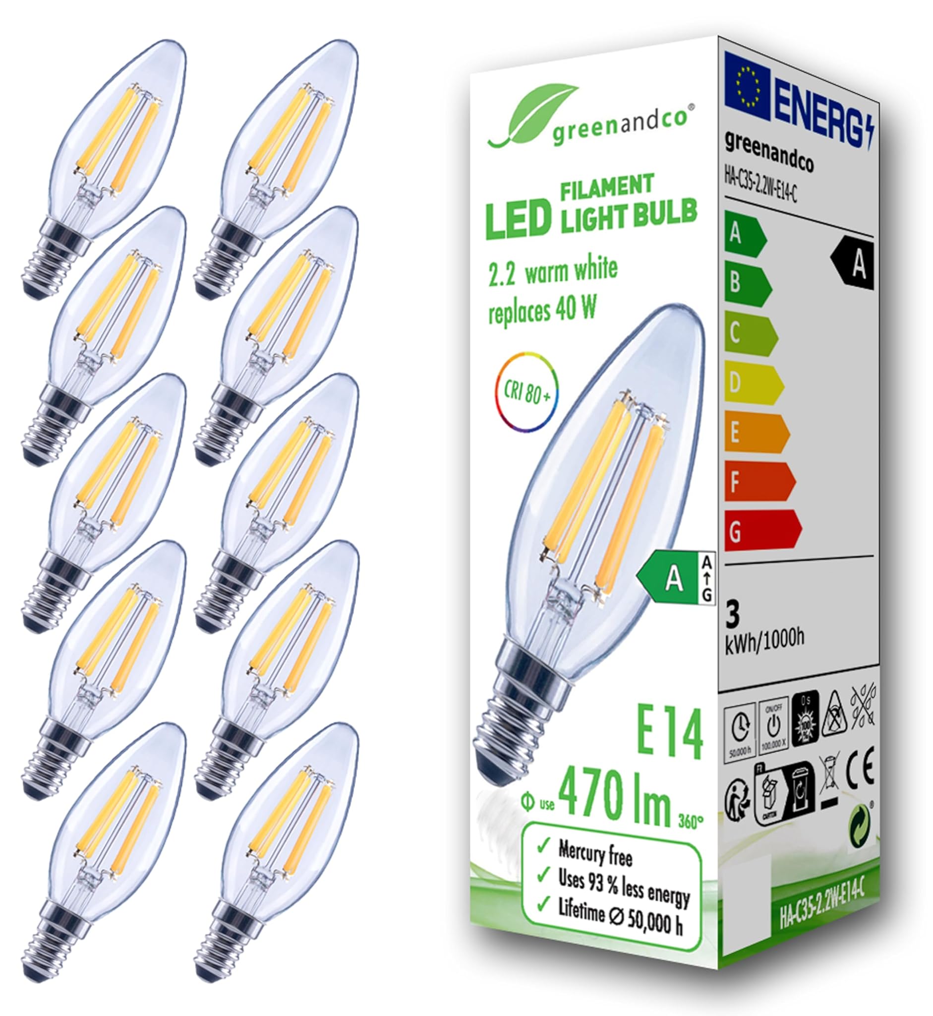 Greenandco Lampadine Filamento LED E14 C35, Set da 10
