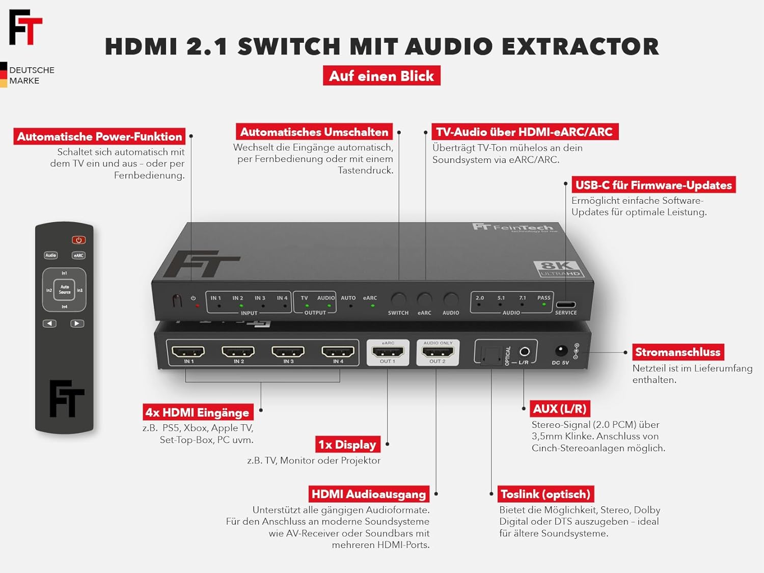 Feintech SW411 HDMI 2.1 Switch 4 in 1 Out - immagine 5