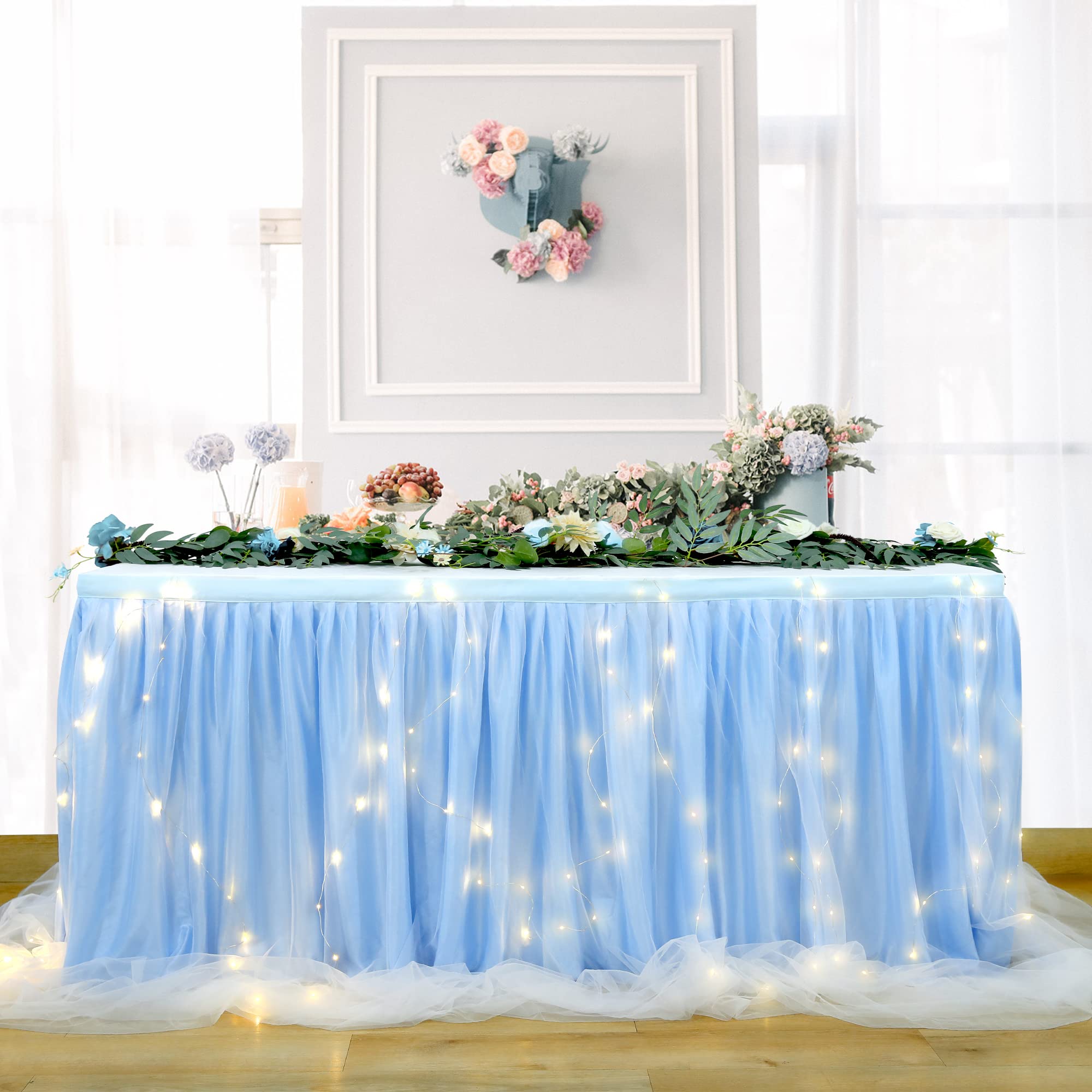 HBBMAGIC Gonna da Tavolo in Tulle Blu Baby con Luce 275cm