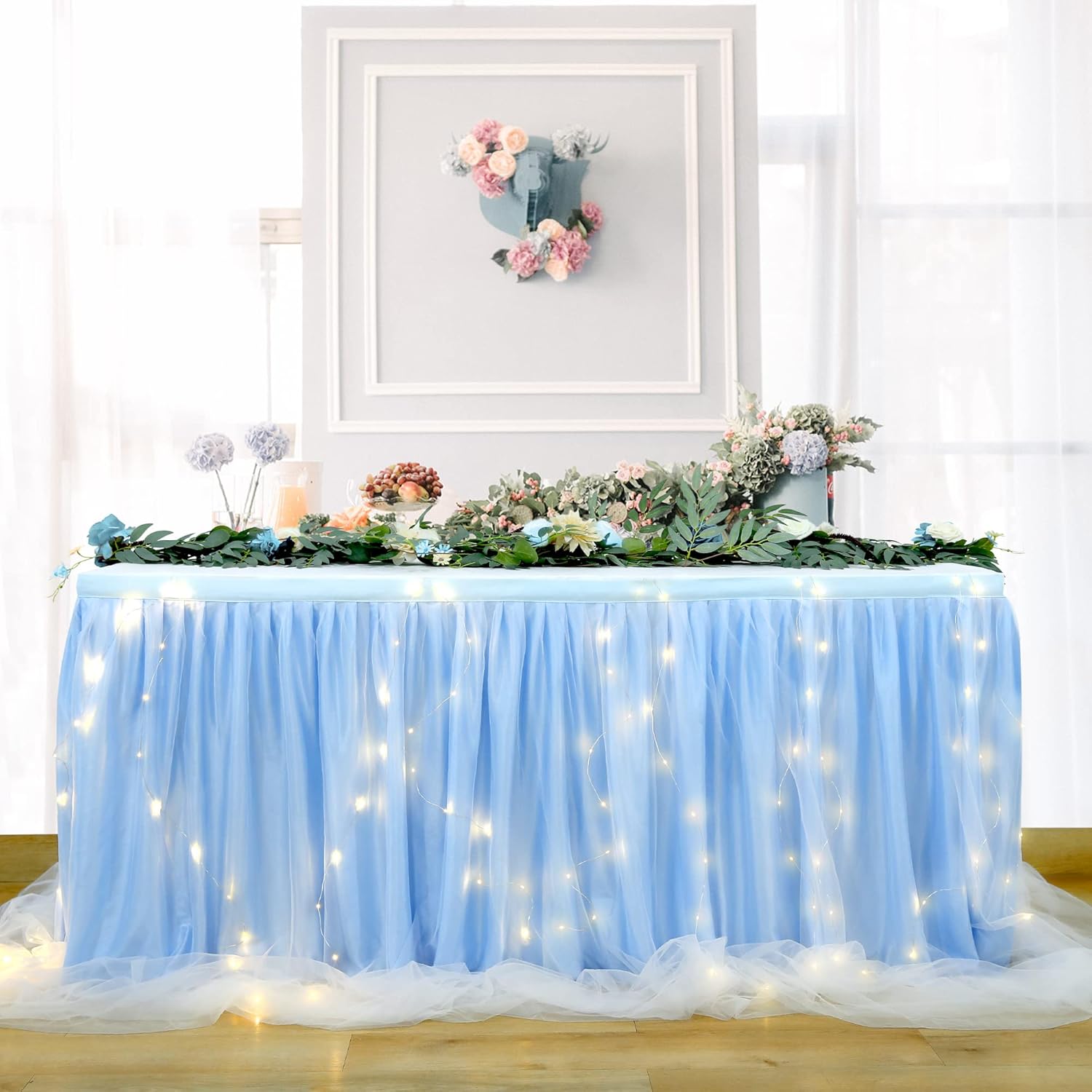 HBBMAGIC Gonna da Tavolo in Tulle Blu Baby con Luce 275cm - immagine 1