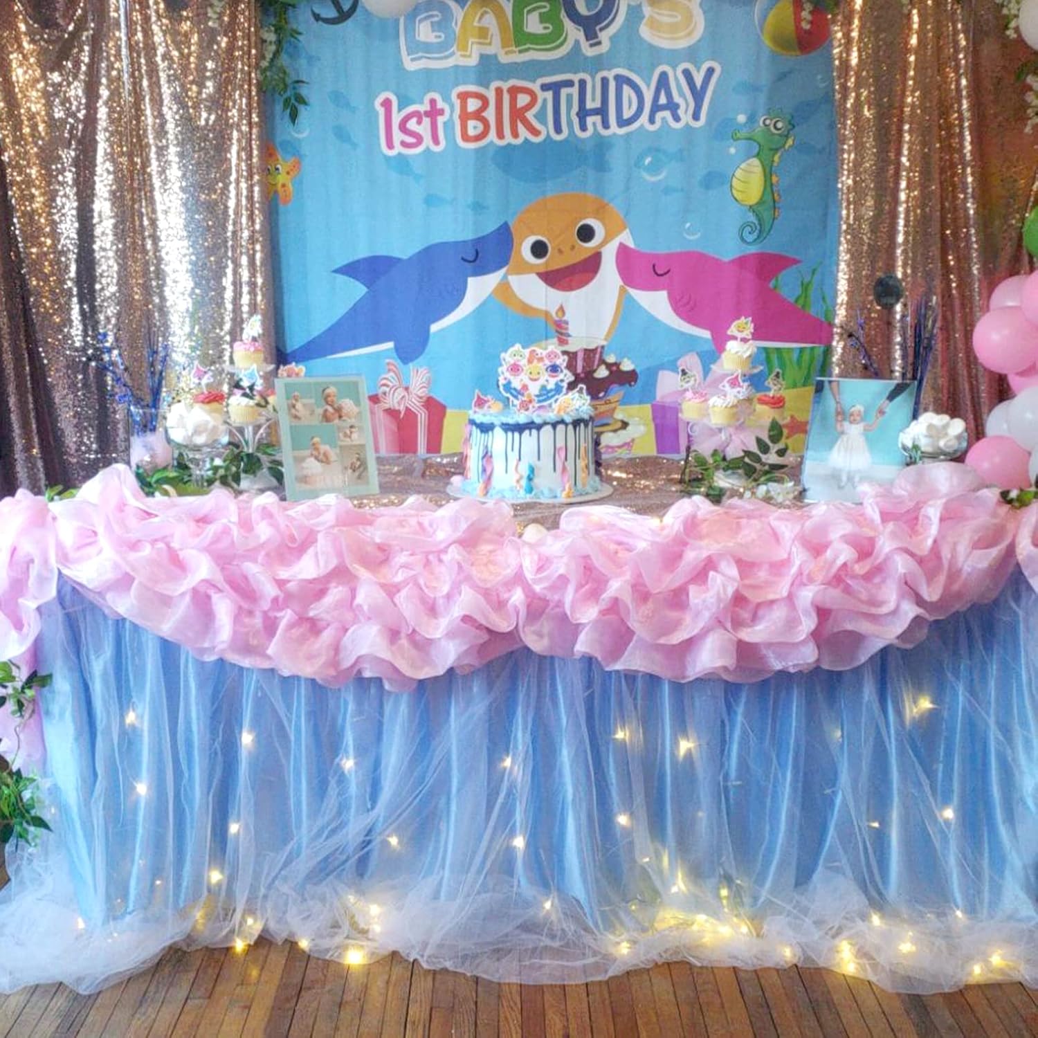 HBBMAGIC Gonna da Tavolo in Tulle Blu Baby con Luce 275cm - immagine 6