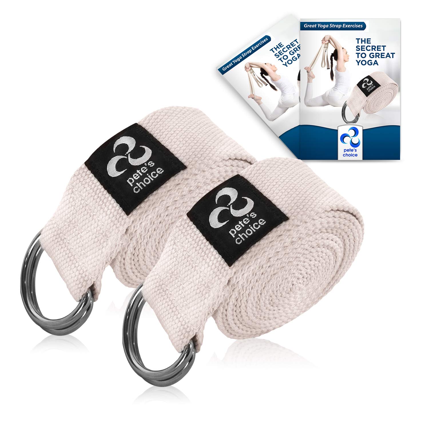 pete's choice Set 2 Cinghie Yoga con eBook Incluso - Yoga Strap in Cotone Spesso e Resistente Regolabile I Accessori Yoga I Pilates e Stretching - Lunghezza 2,4m I Cinghia da Yoga