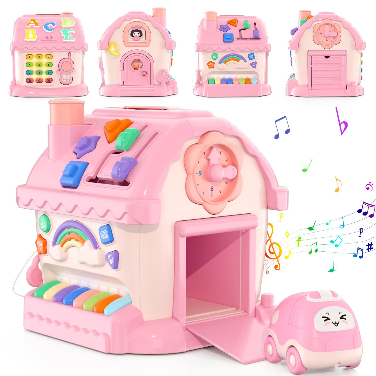 giocattoli per ragazze di 1 anno, Montessori giocattolo, 8 in 1 Multi Funzione casa giocattolo per bambini con musica/auto/orologio/telefono/luce, musicale sensoriale regali per bambino 1-2 anni