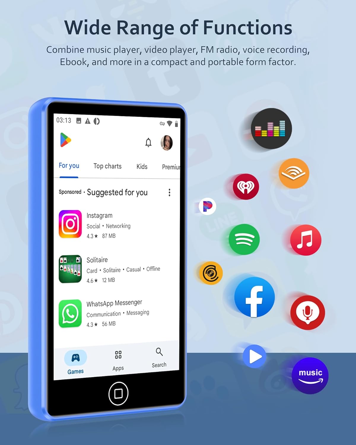 Lettore MP3 144GB con Wi-Fi e Bluetooth 4.02" Blu - immagine 2