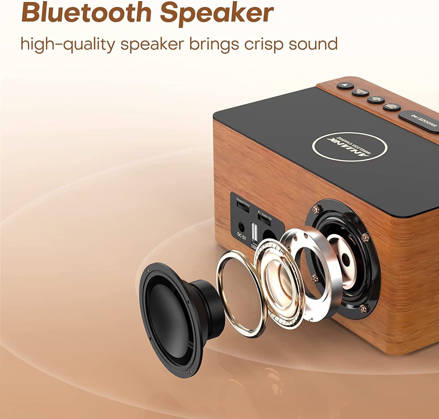Anjank Altoparlante Bluetooth Radiosveglia in Legno - immagine 3