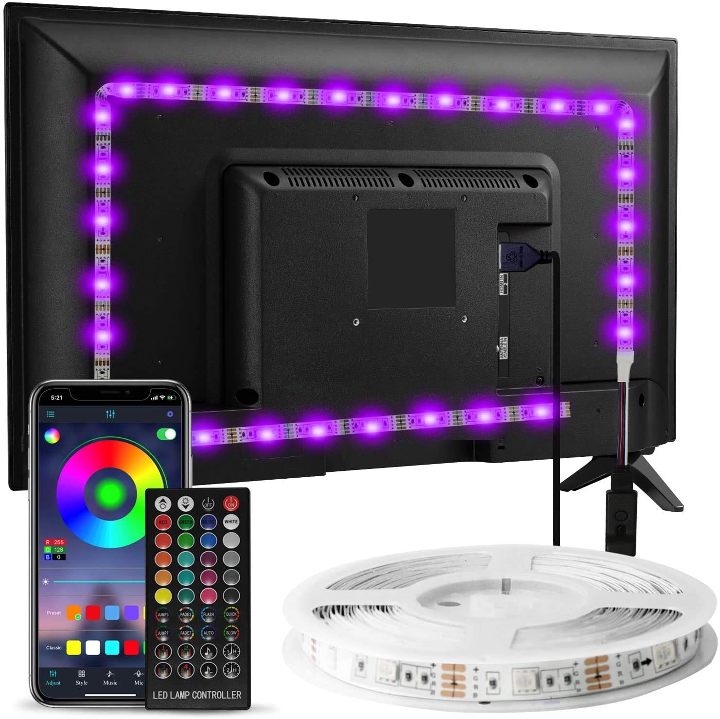 Enteenly Striscia LED TV 3m 5050 RGB USB con Telecomando