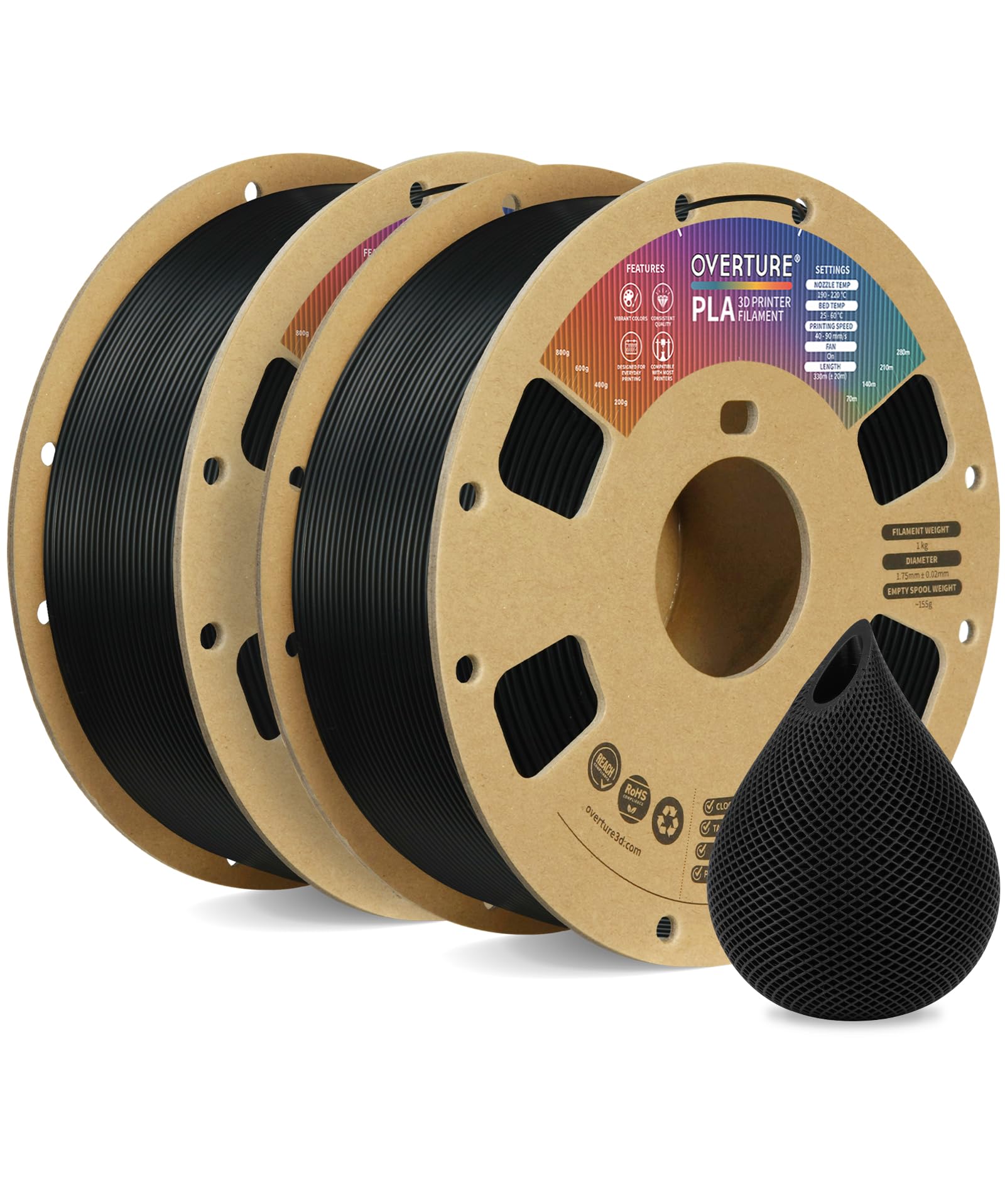 Overture Filamento PLA 1.75mm per Stampante 3D - 2kg, Nero