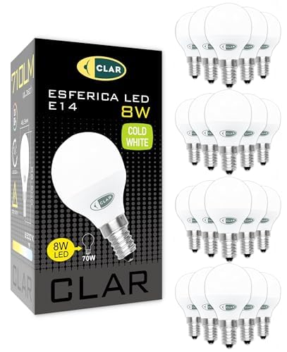 Clar Lampadina LED E14 8W Sfera, Luce Fredda 6000K