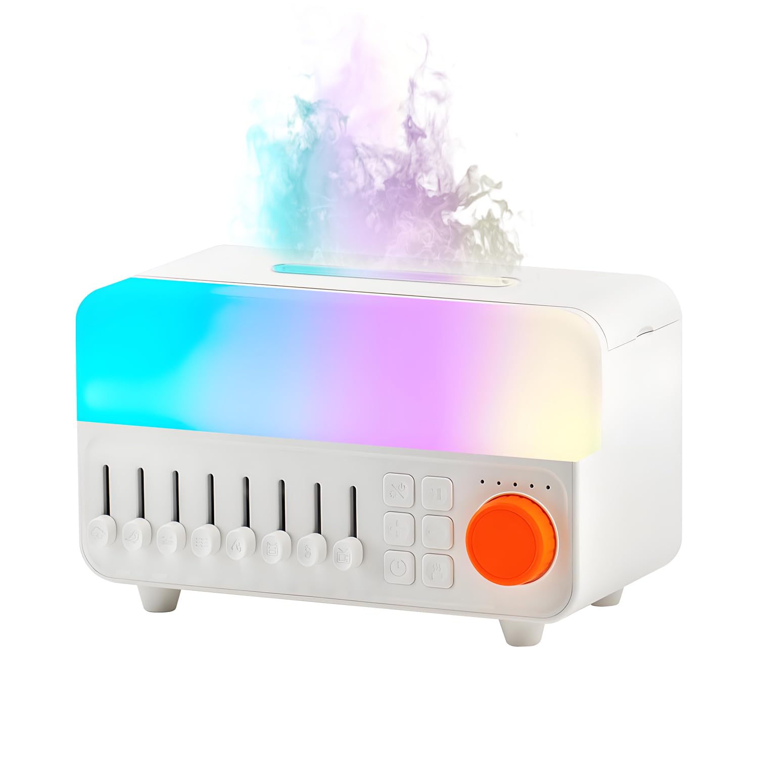 QUMOX A14 Umidificatore con Rumore Bianco, Effetto Fiamma, Speaker Bluetooth e Serbatoio 150ml – Nebulizzazione Ultrasonica, Luce RGB Respirante, Timer 5 Ore, per Camera da Letto e Ufficio Bianco