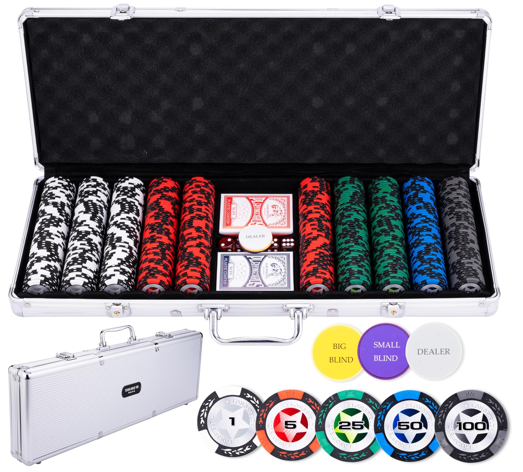 Engelhart - 320920 - Set da Poker - Valigetta in Metallo Argentato con 500 Gettoni (14 g) Piccole Messe (1 a 100), 2 Set di Carte, 3 Bottoni da Croupier, 5 Dadi