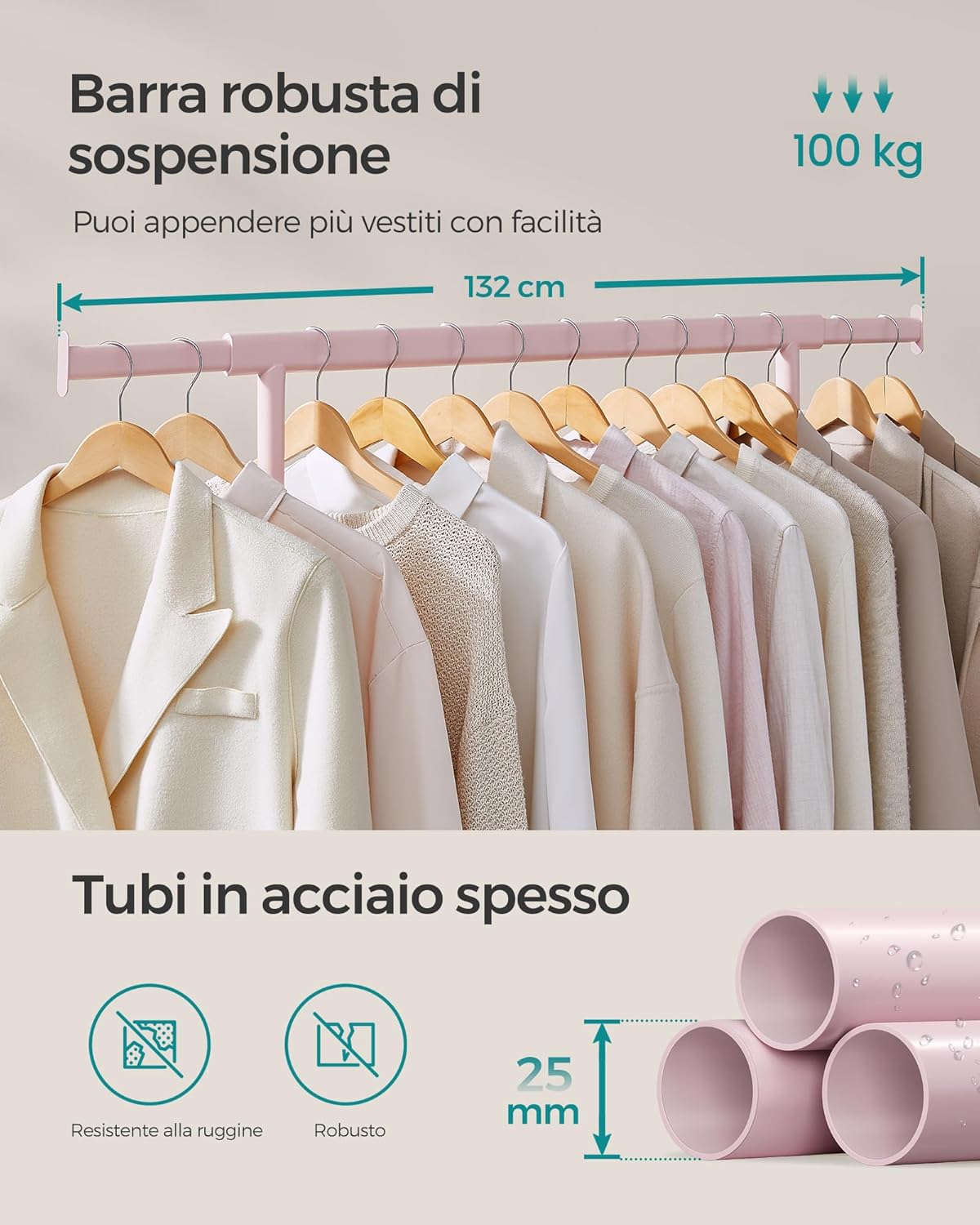Songmics Stand Appendiabiti con Ruote, Rosa Pastello - immagine 4
