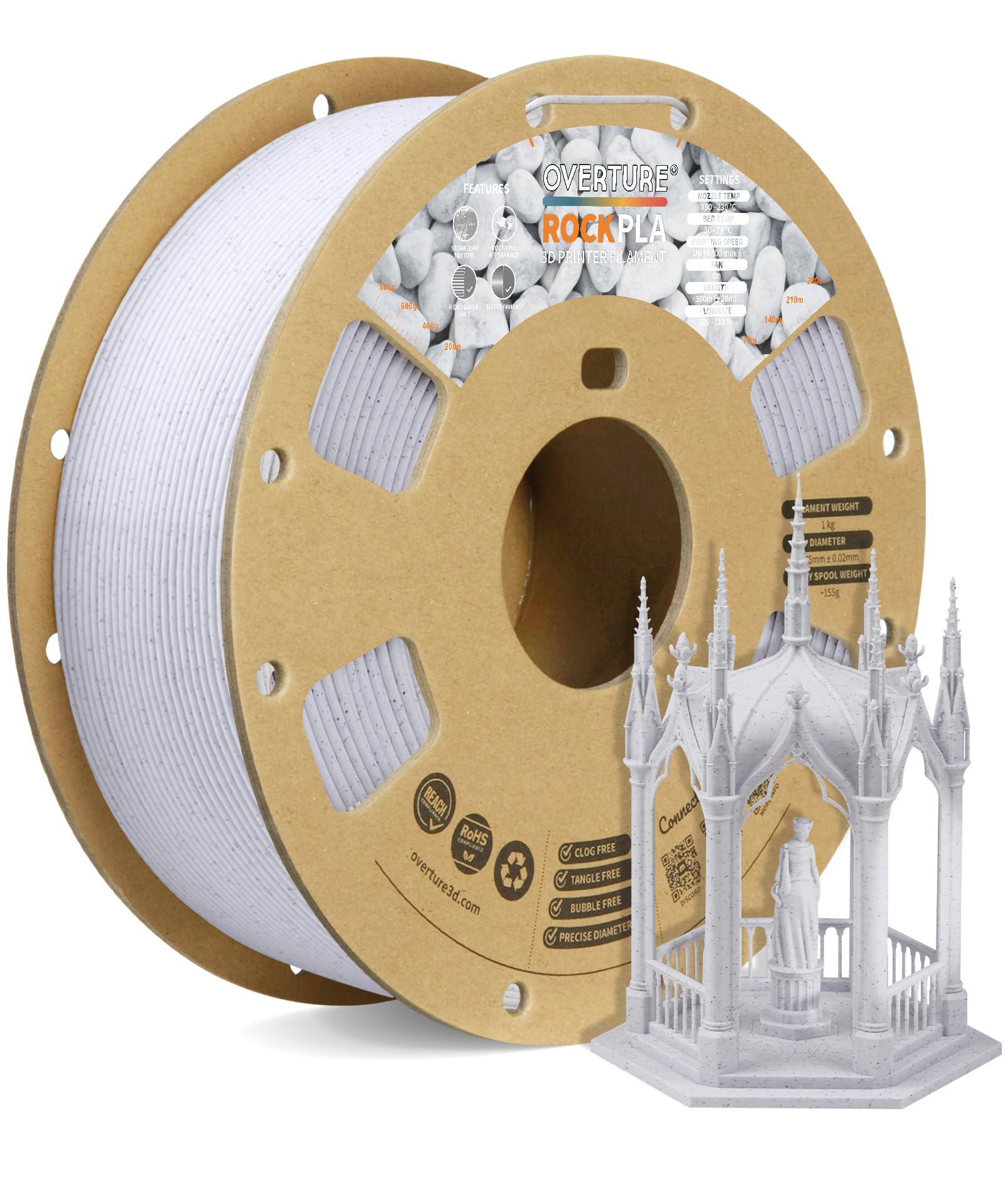 Overture Rock PLA Filamento 1.75mm, 1kg - Rock Bianco