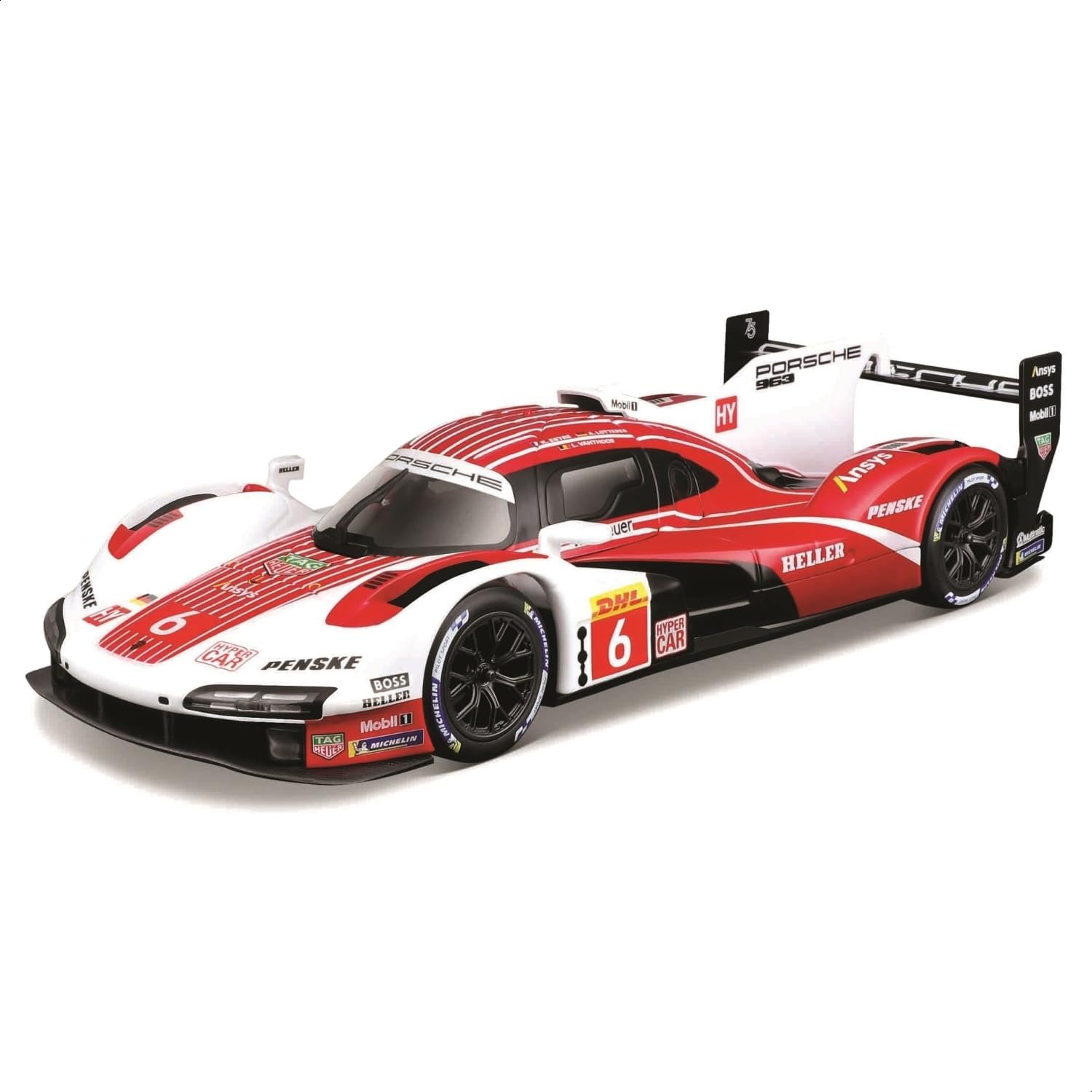 BBURAGO Porsche Penske 963#6, Auto Diecast in Scala 1:24, Replica Dettagliata in Rosso e Bianco, Portiere Apribili, Licenza Ufficiale Porsche, Età Consigliata 3+ Anni