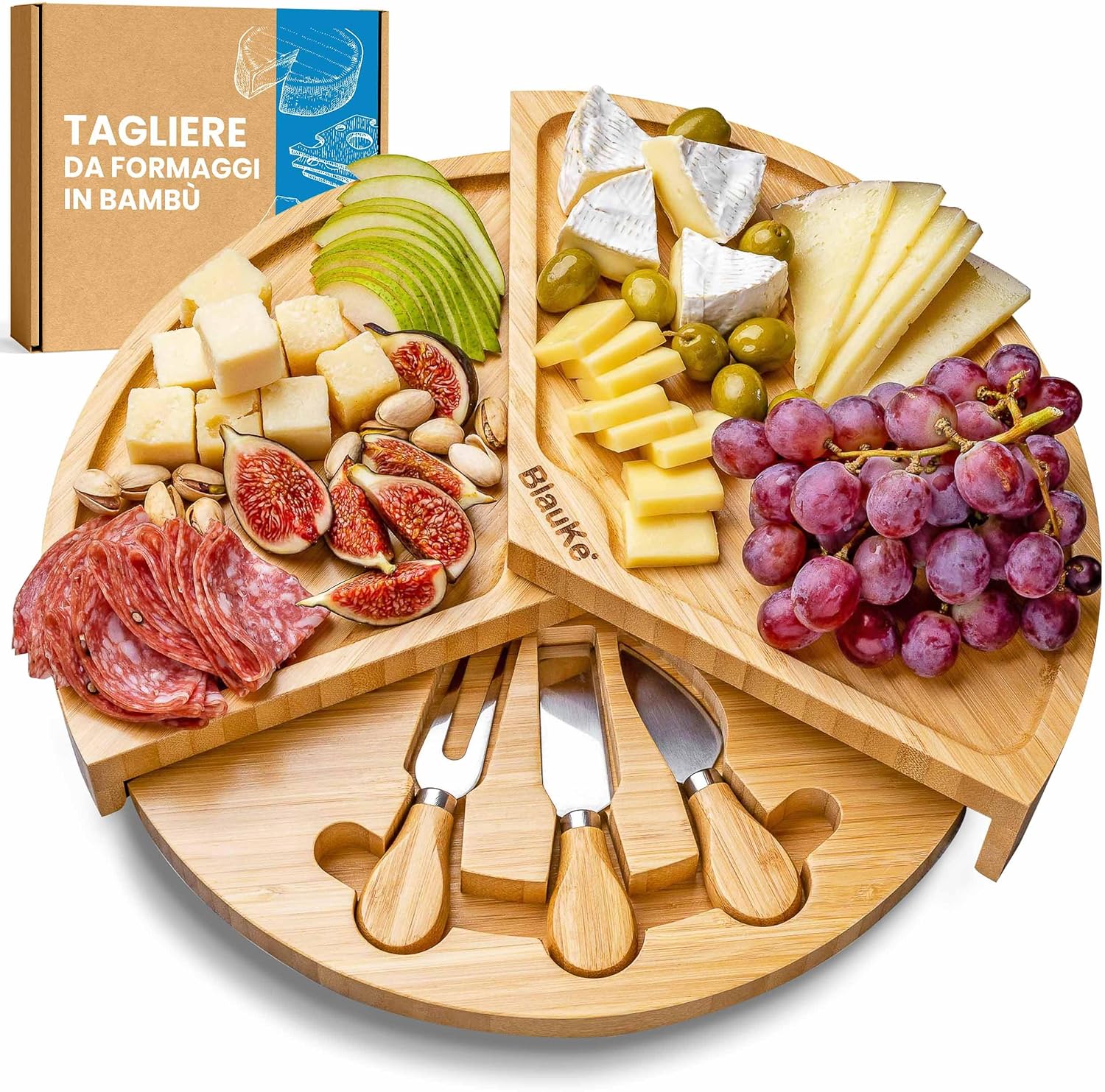 Tagliere per Formaggi e Set Coltelli in Bamboo 37cm