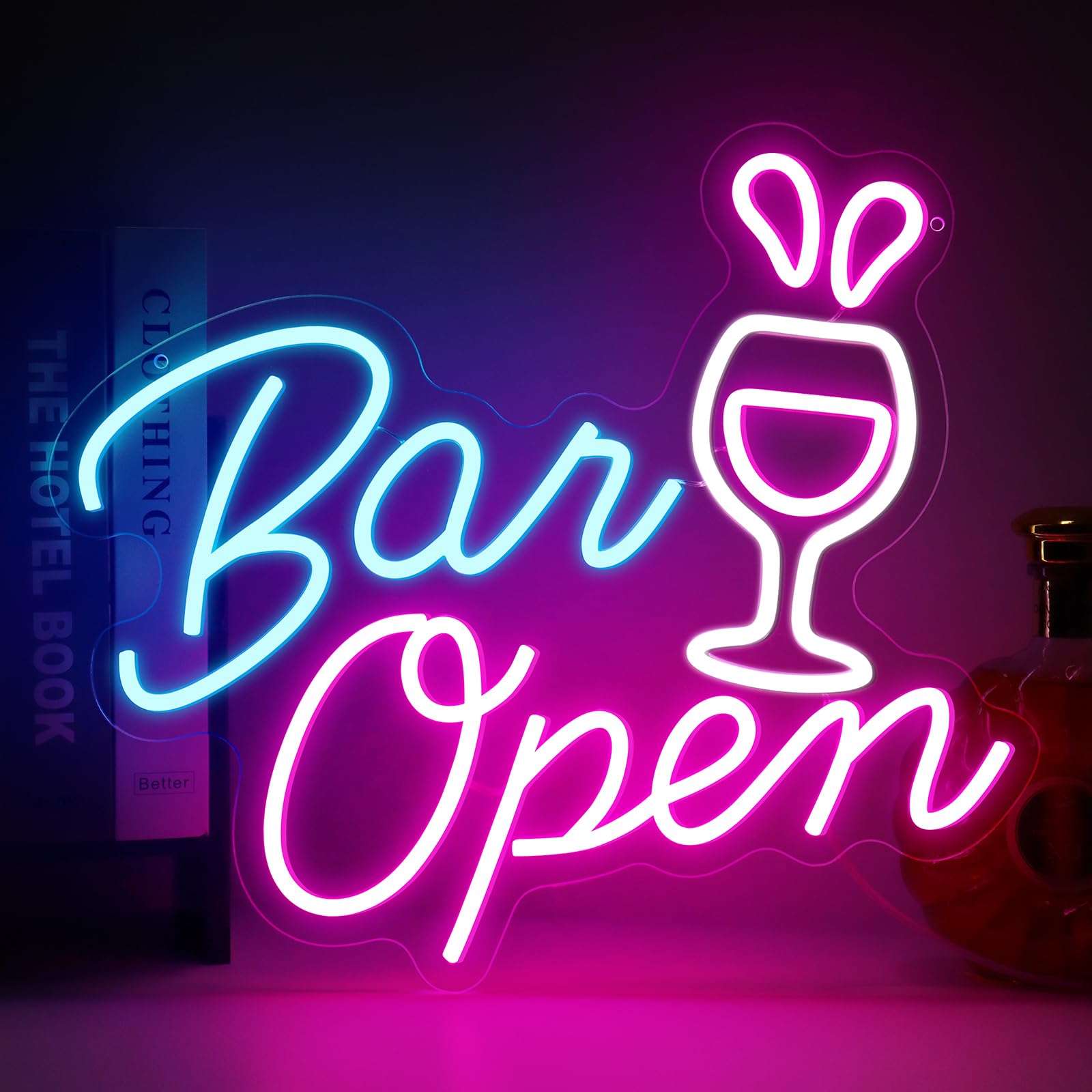 Inshareplus Bar Open Neon - Cartello LED Bicchiere Vino