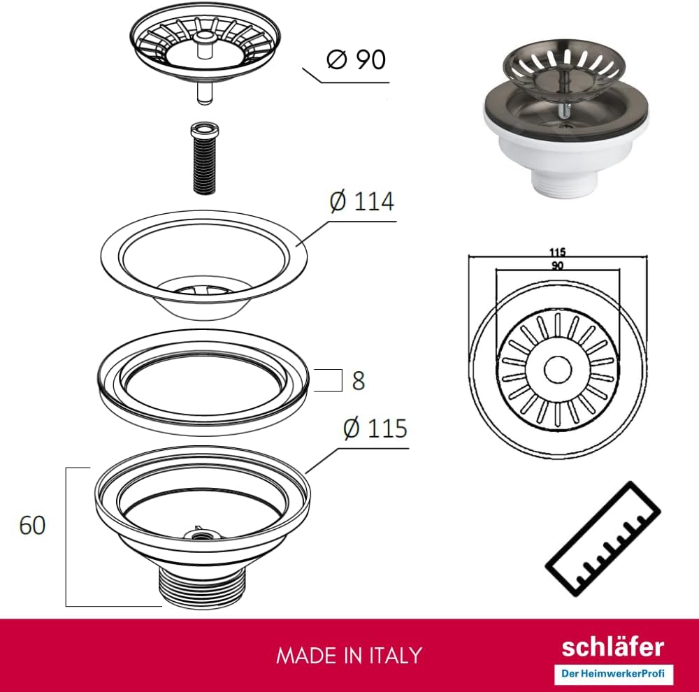 Schläfer Piletta di Scarico Lavello Tipo Basket, PVD Nero - immagine 2