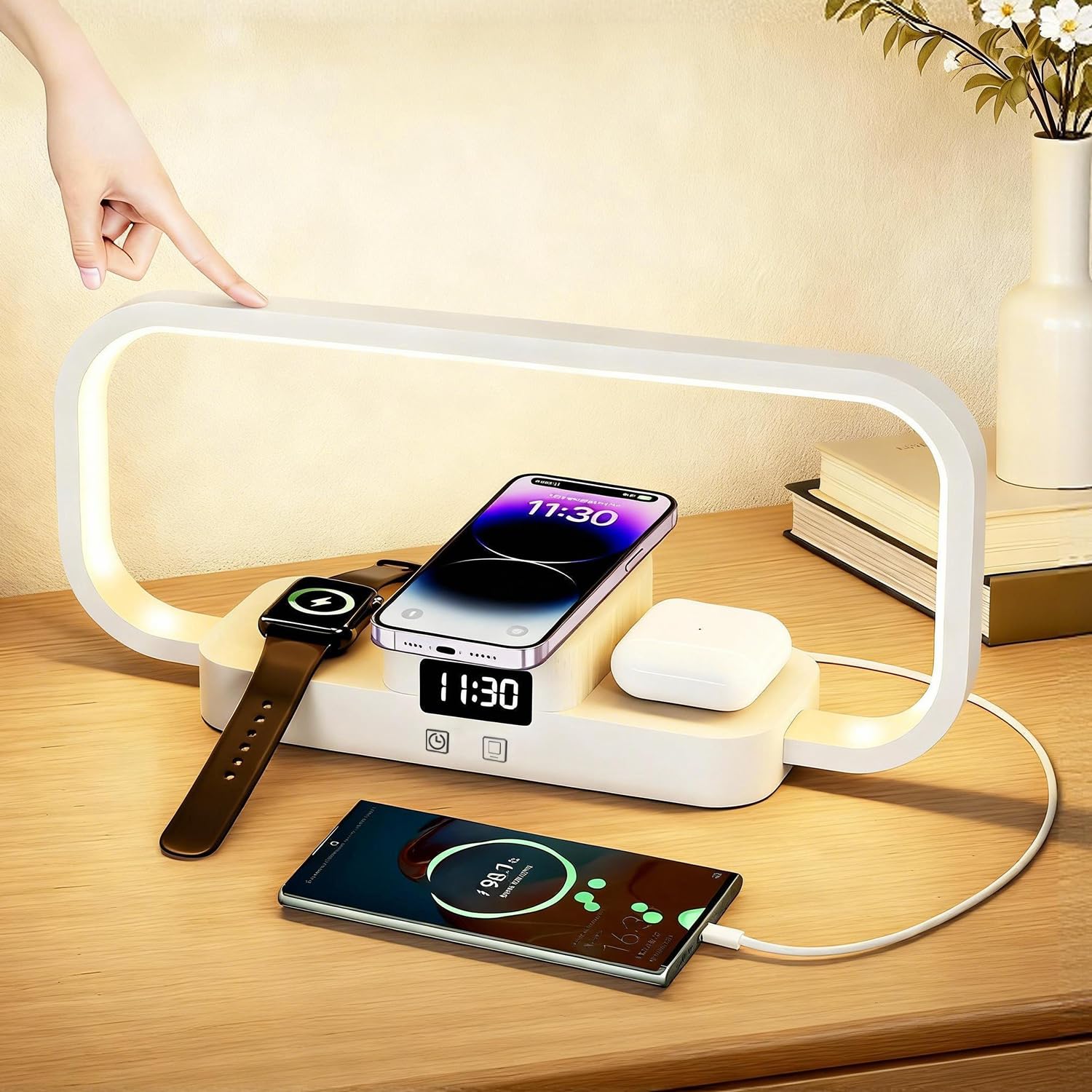 Kzt Lampada da Comodino Caricabatterie Wireless 3 in 1, Bianco