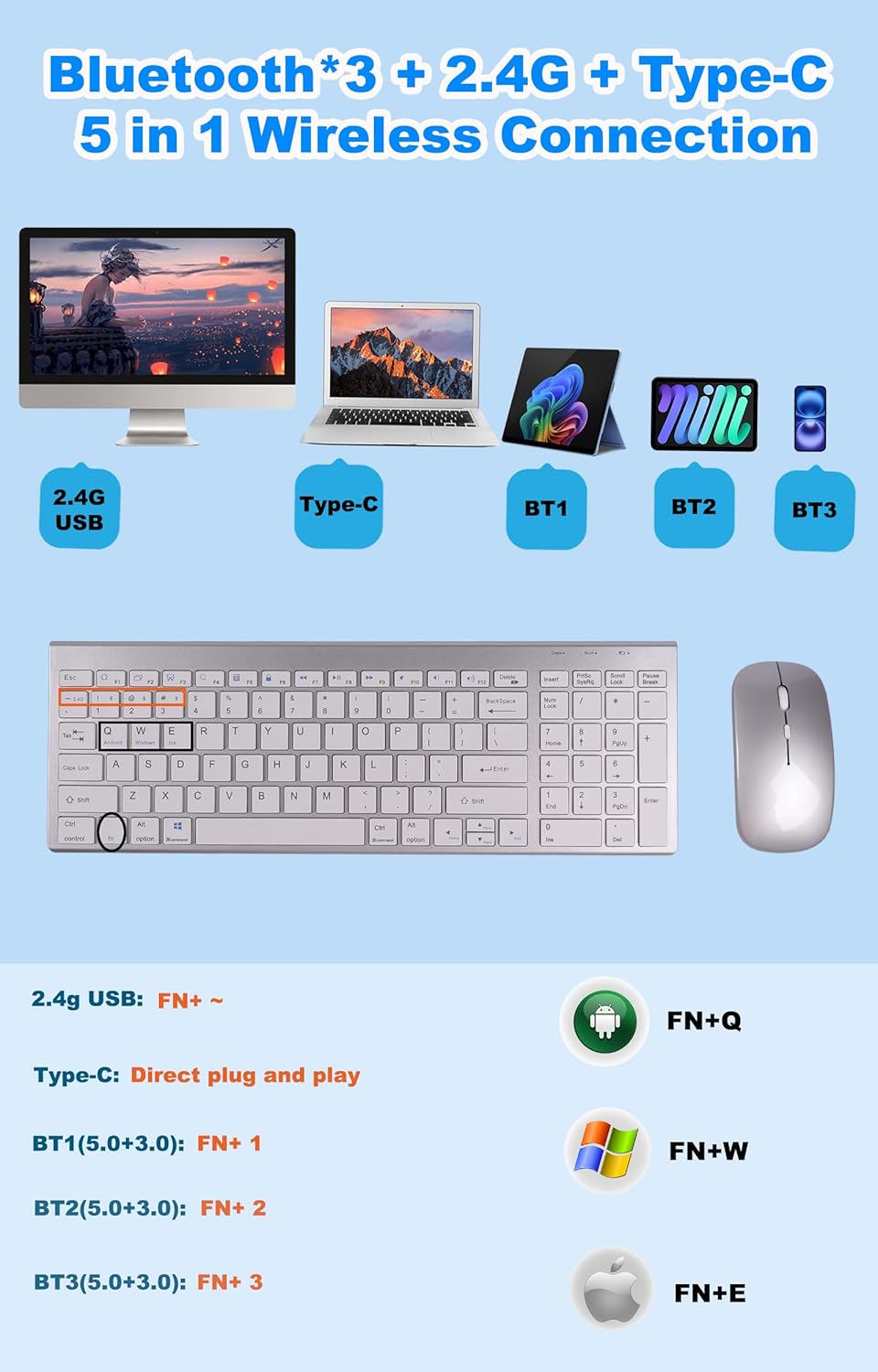 Set Tastiera e Mouse Wireless Ricaricabile QWERTY - immagine 2