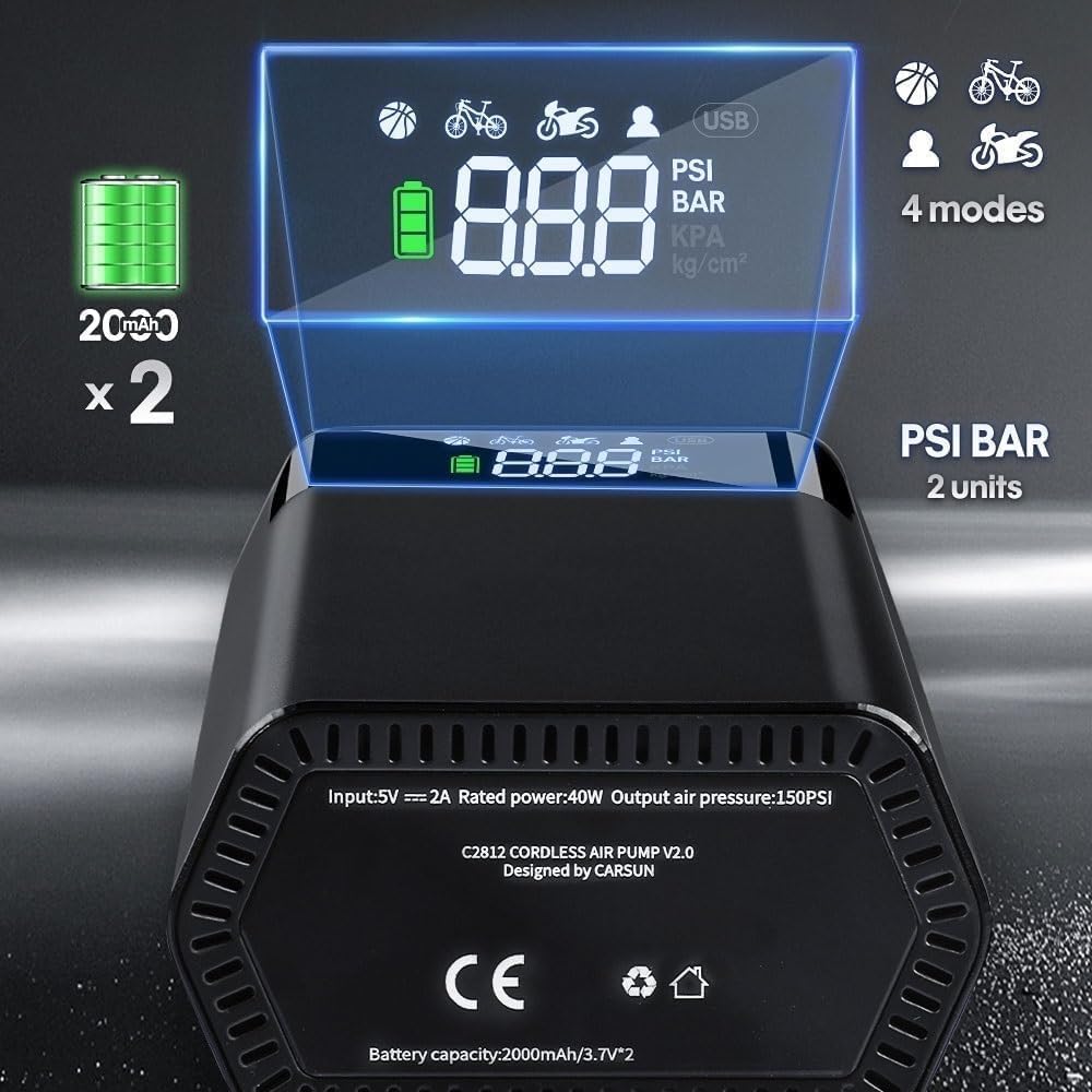Pompa Aria Gonfiatore Pneumatico Auto 2000mAh 150psi - immagine 2
