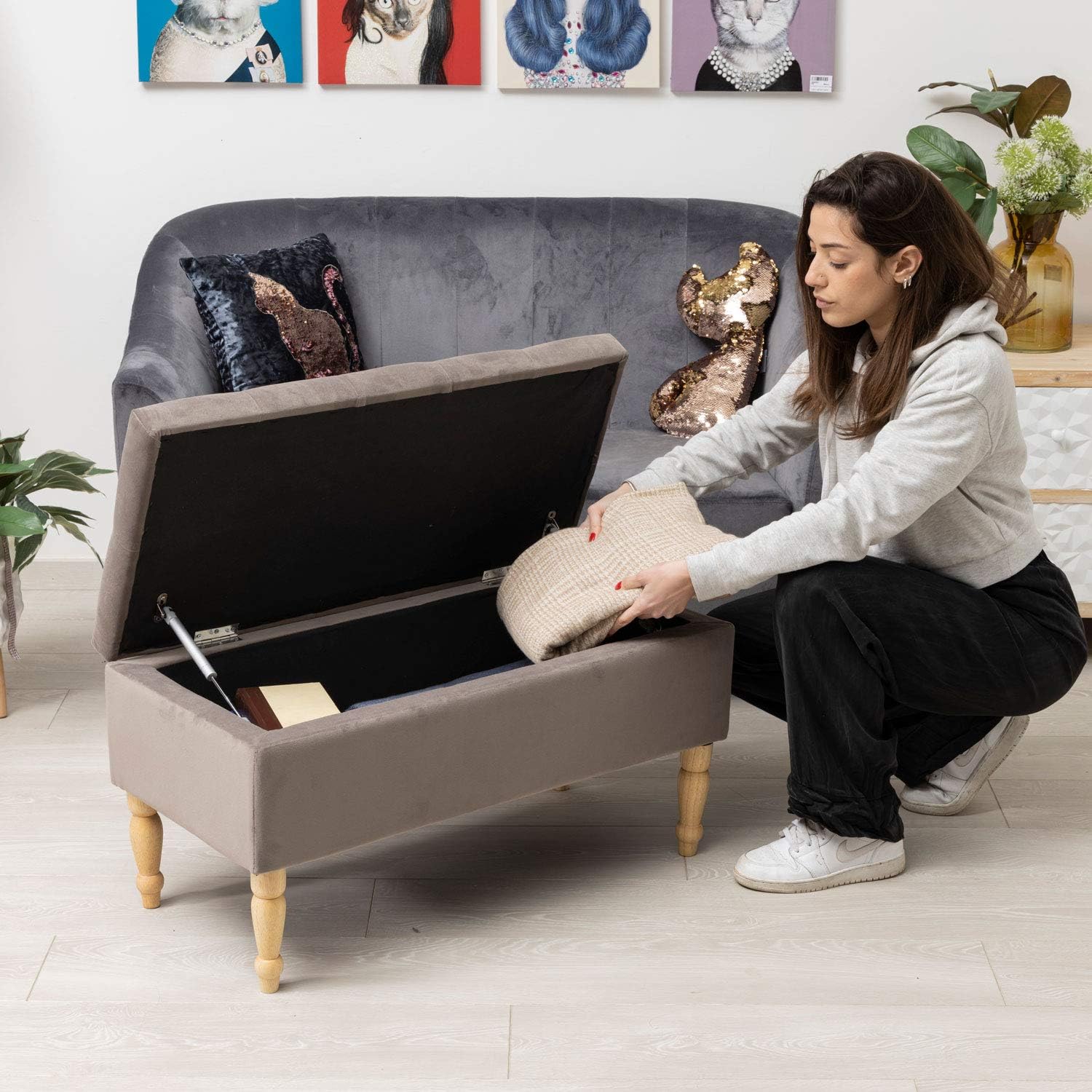 Poggiapiedi Cassapanca Contenitore 35L, Grigio Velluto - immagine 5