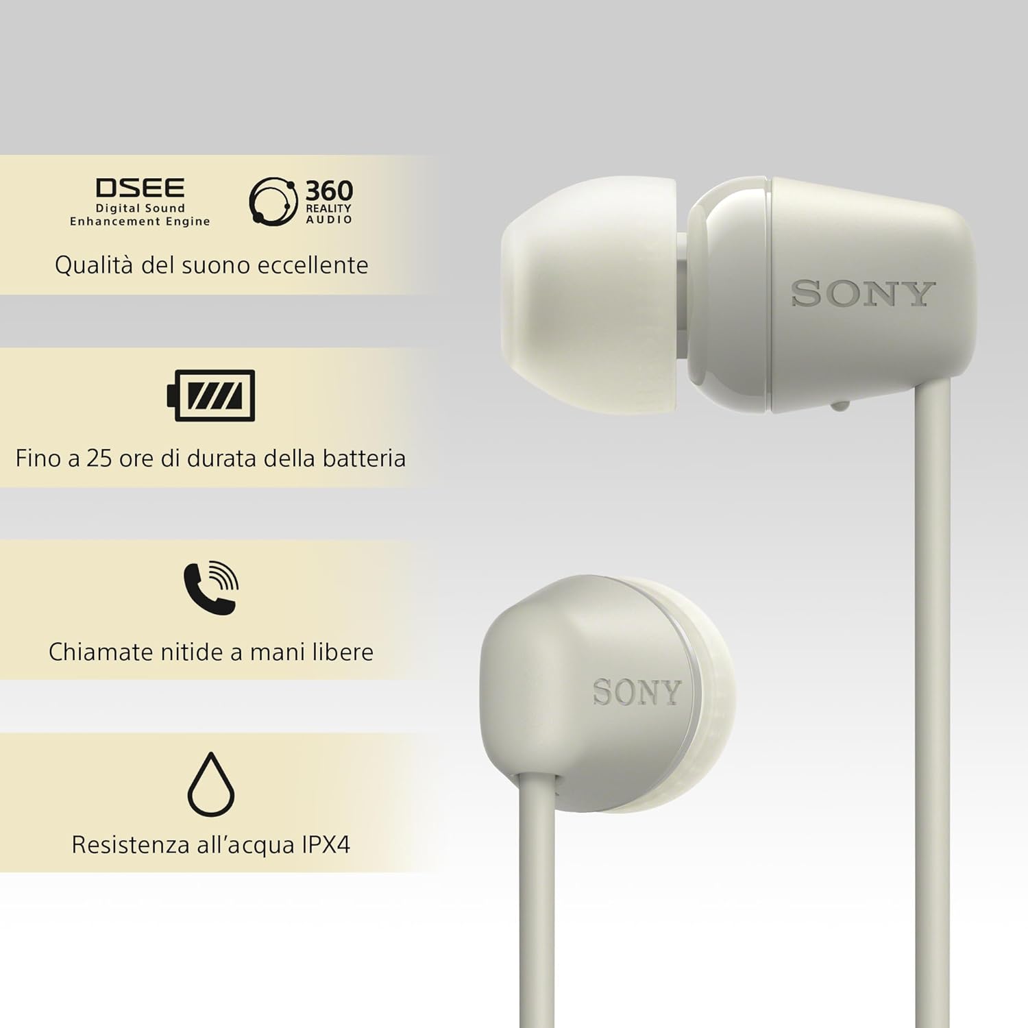 Sony WI-C100 - Cuffie Wireless Bluetooth 25h, Crema - immagine 5