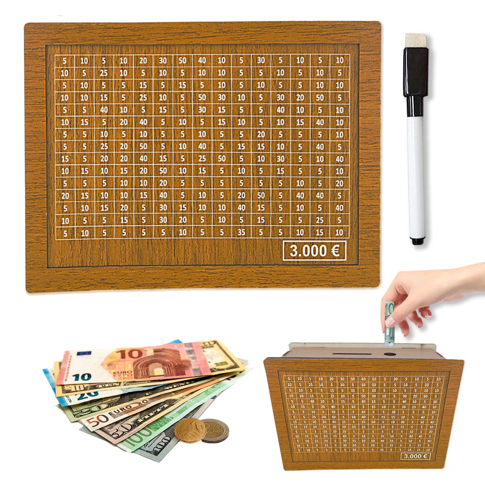 Salvadanaio in Legno con Contatore e Obiettivi di Risparmio