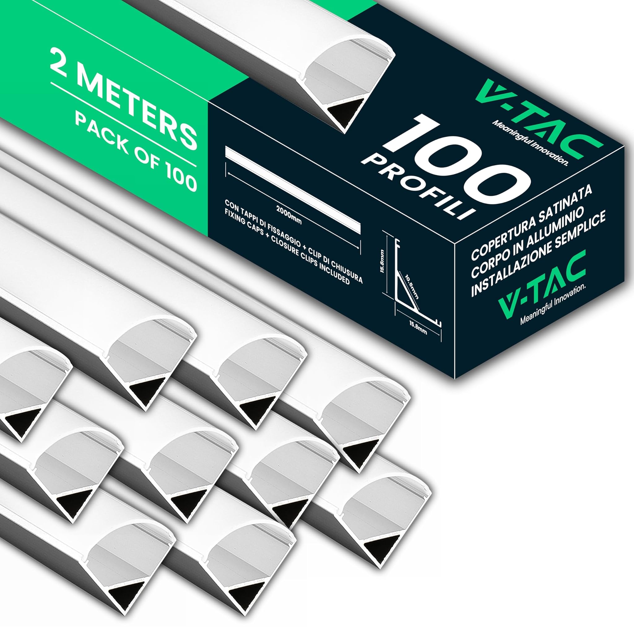 V-TAC 100 Profili Angolari da 2 METRI per Strisce Led - (200 Metri Totali) - Profili per Strisce LED in Alluminio con Copertura Opaca - Colore Argento - Angoli 21,3 x 15,8mm