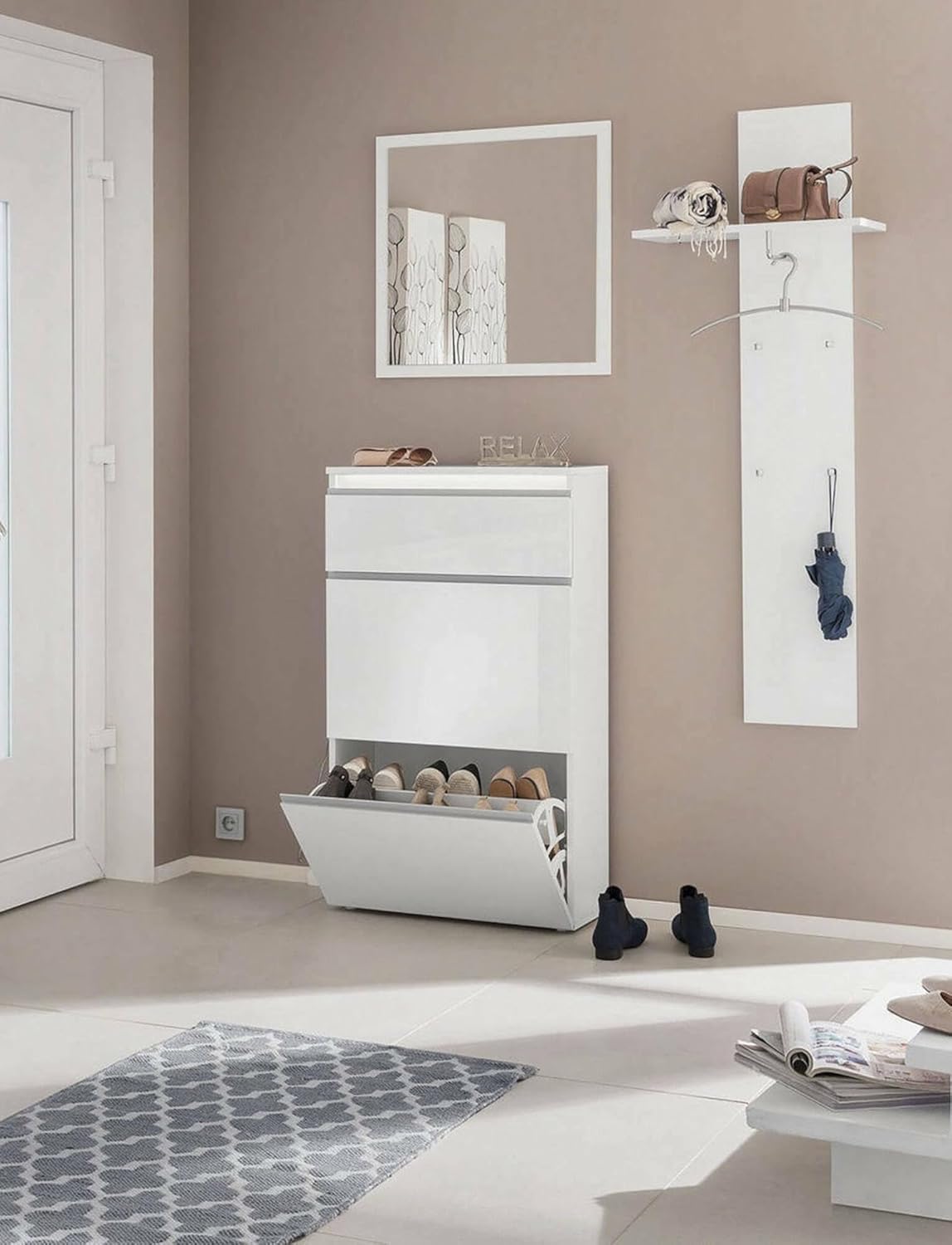 Dmora Scarpiera Moderna 2 Ante e 1 Ribalta, Bianco Lucido