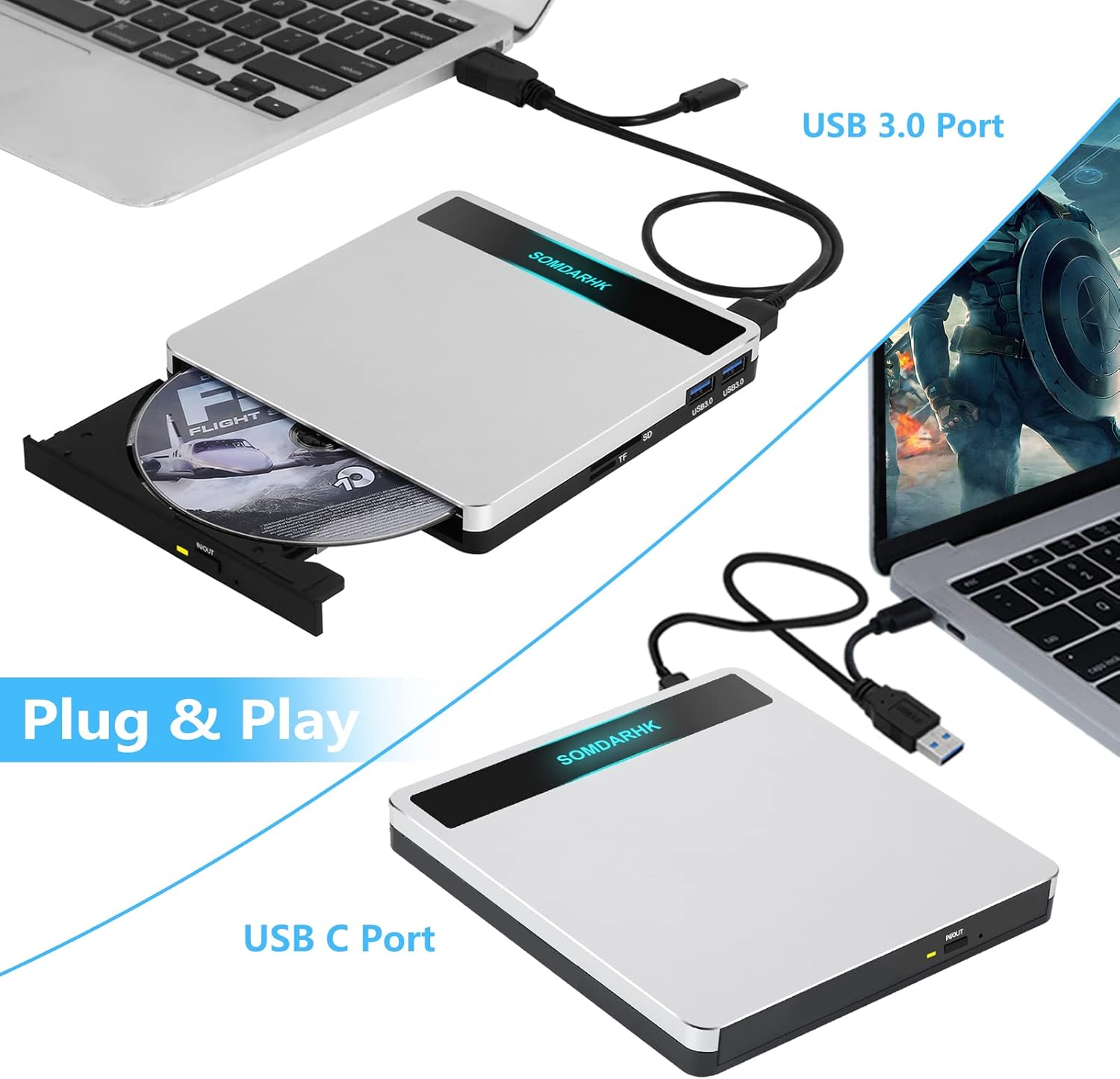 SomdarHK Unità CD DVD Esterna USB 3.0 Tipo-C 5-in-1 - immagine 3