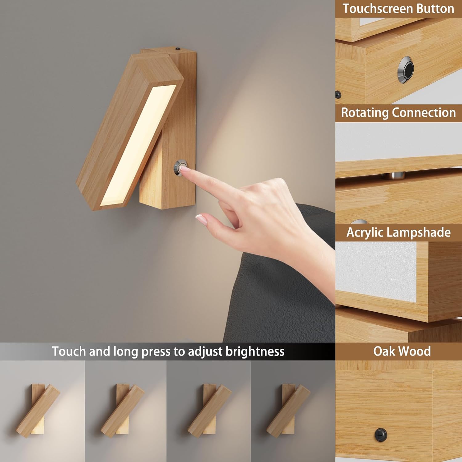 Applique Legno con Interruttore Touch, 6W Dimmerabile - immagine 2