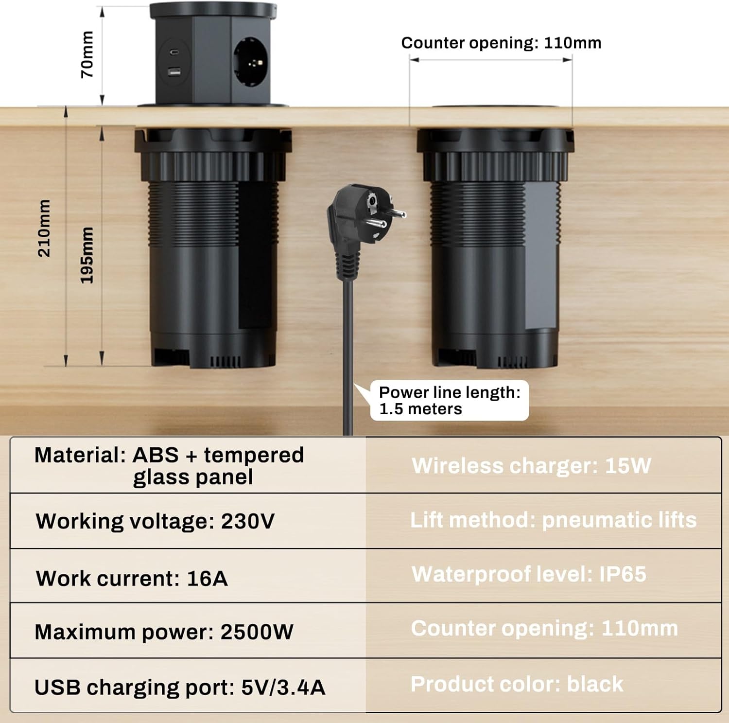 Dewin Multipresa a Scomparsa 2500W 16A con USB-C e USB-A - immagine 2